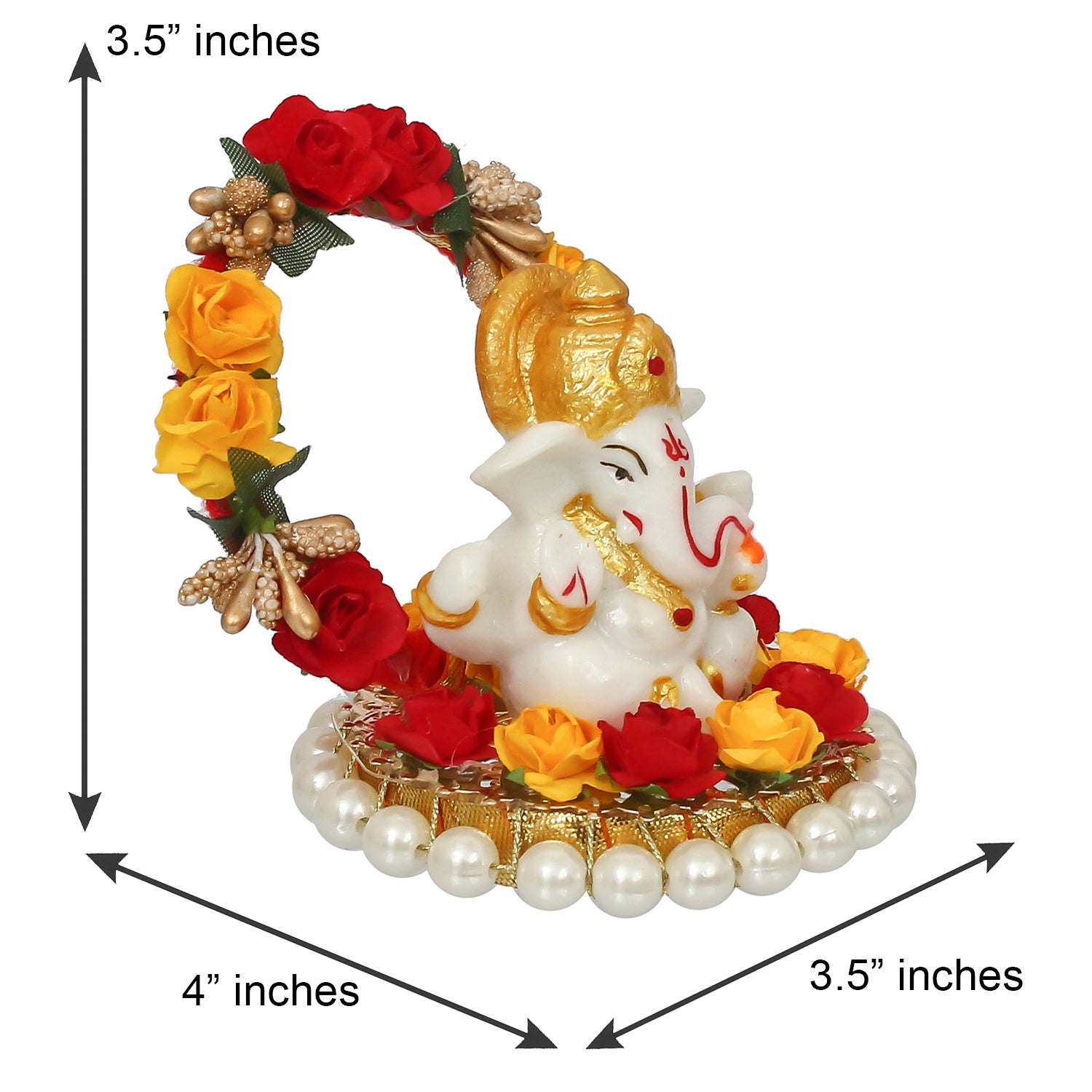 Polyresin Lord Ganesha Idol on Decorative Handcrafted Rose Flower Plate for Home and Car Dashboard 2