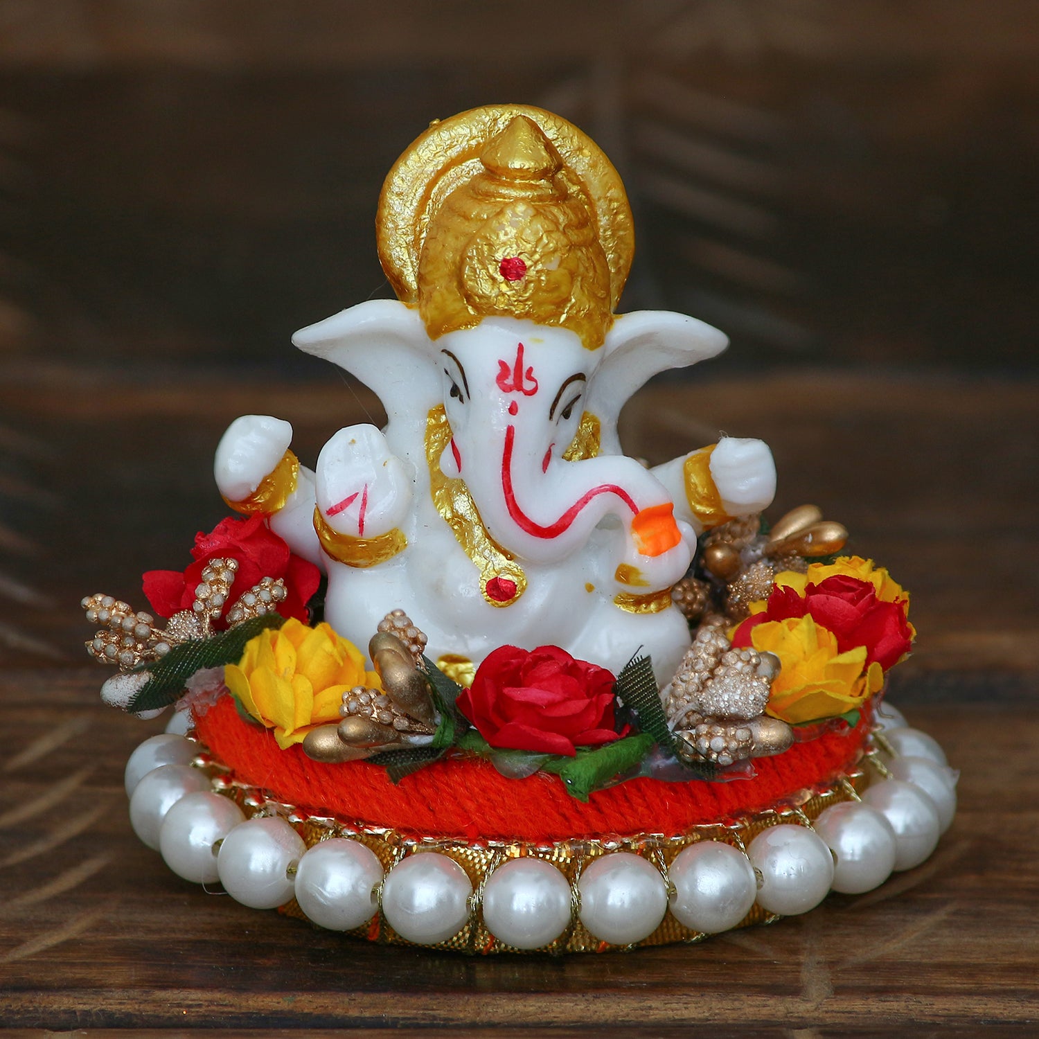 Polyresin Lord Ganesha Statue on Decorative Handcrafted Plate for Home, Office and Car Dashboard 1