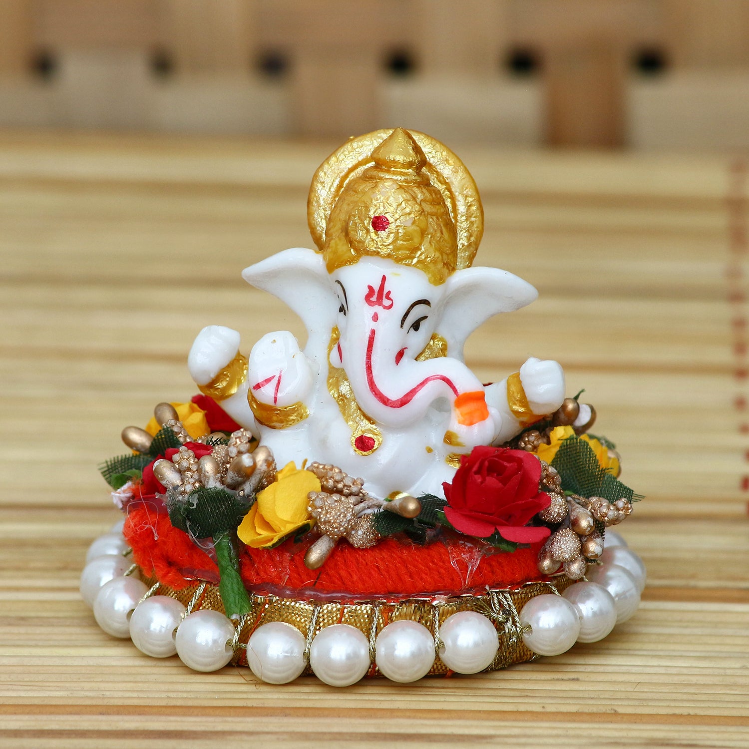 Polyresin Lord Ganesha Statue on Decorative Handcrafted Plate for Home, Office and Car Dashboard 3