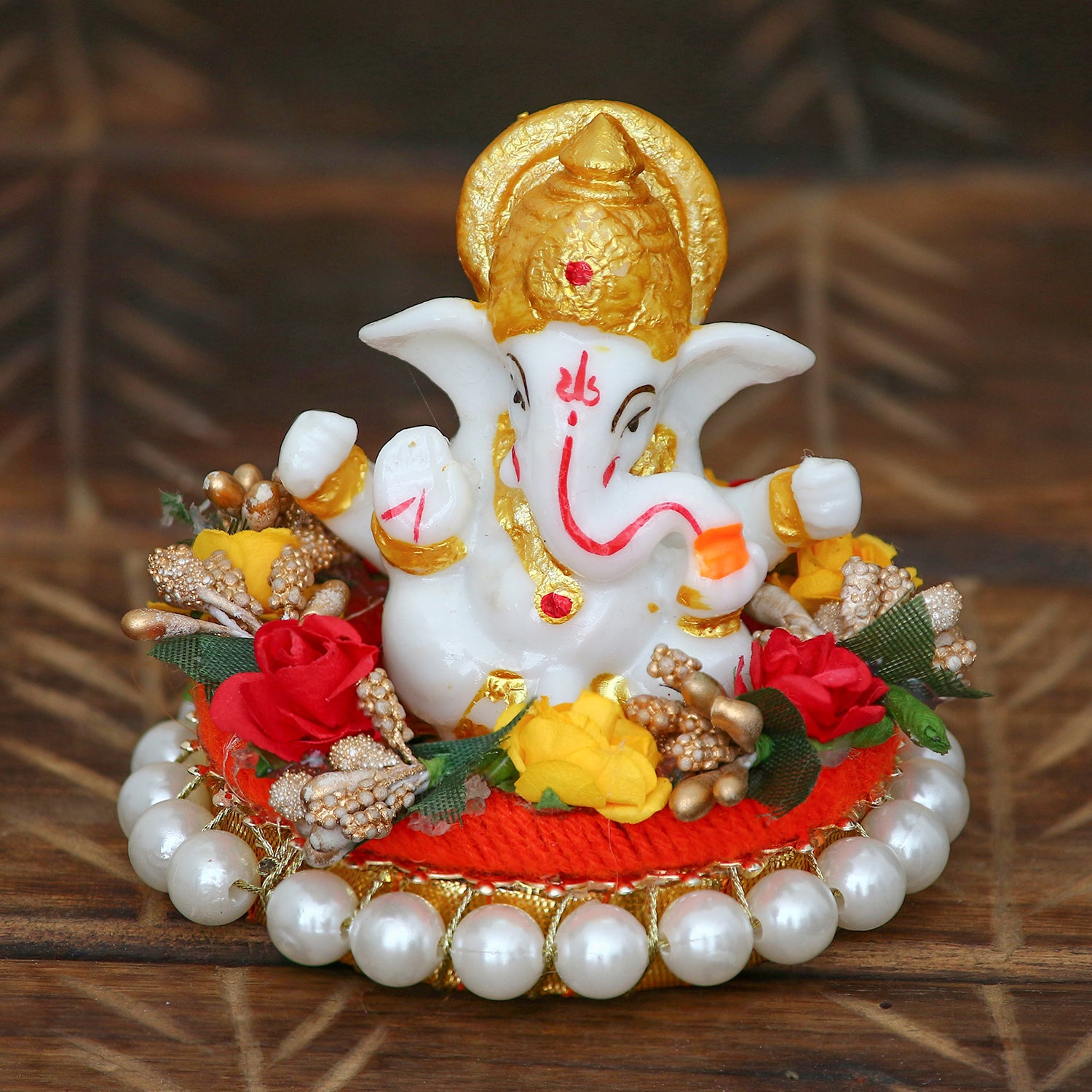 Polyresin Lord Ganesha Statue on Decorative Handcrafted Plate for Home, Office and Car Dashboard