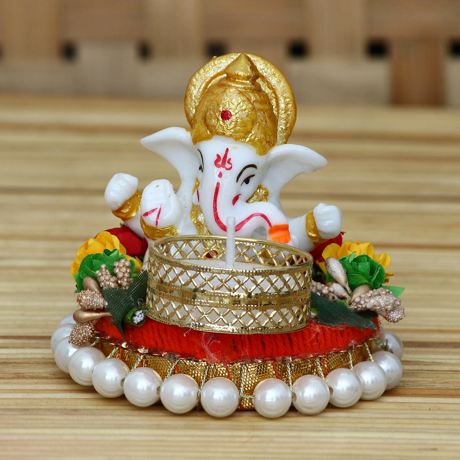 Polyresin Lord Ganesha Idol on decorative metal plate with Tea Light Holder 1