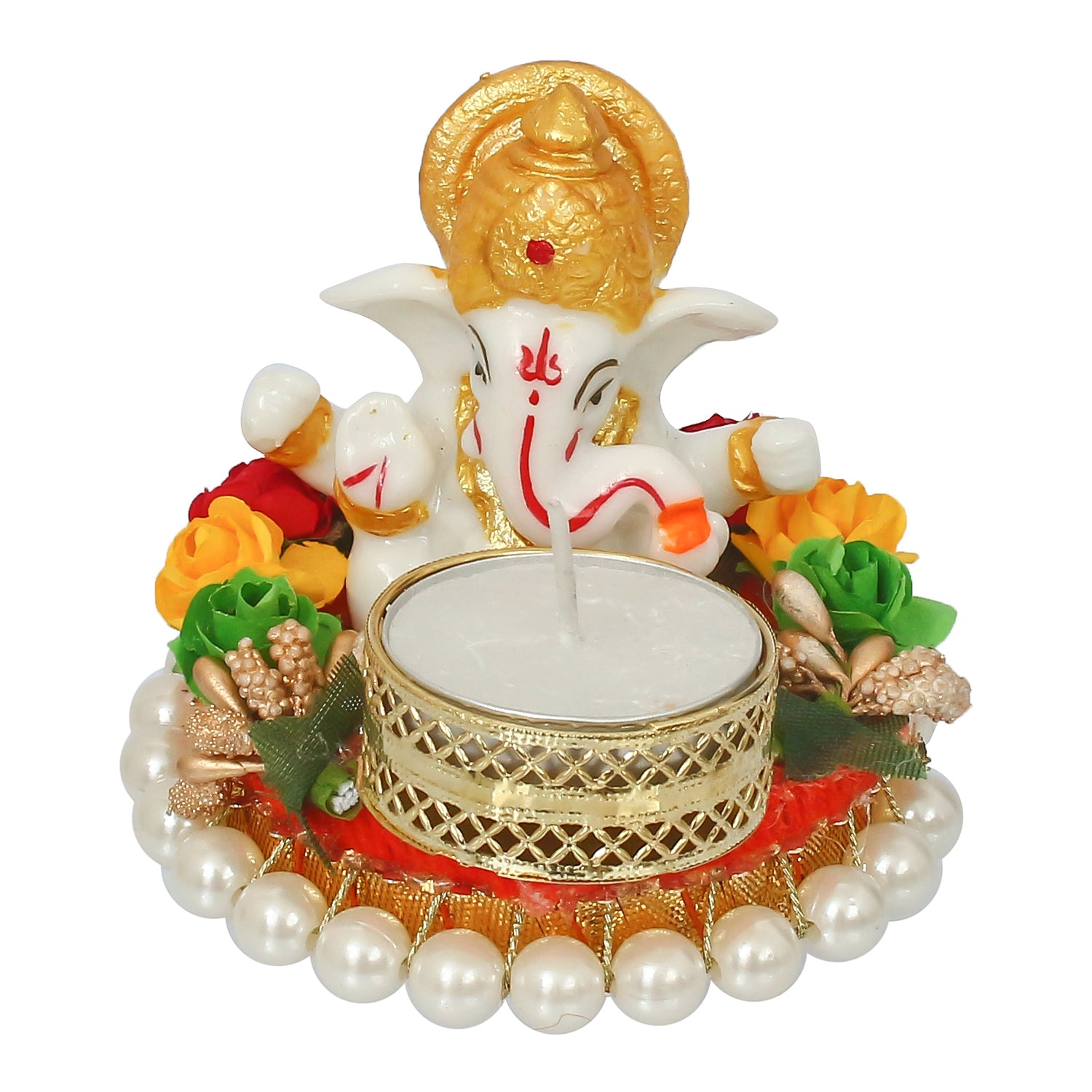 Polyresin Lord Ganesha Idol on decorative metal plate with Tea Light Holder 2