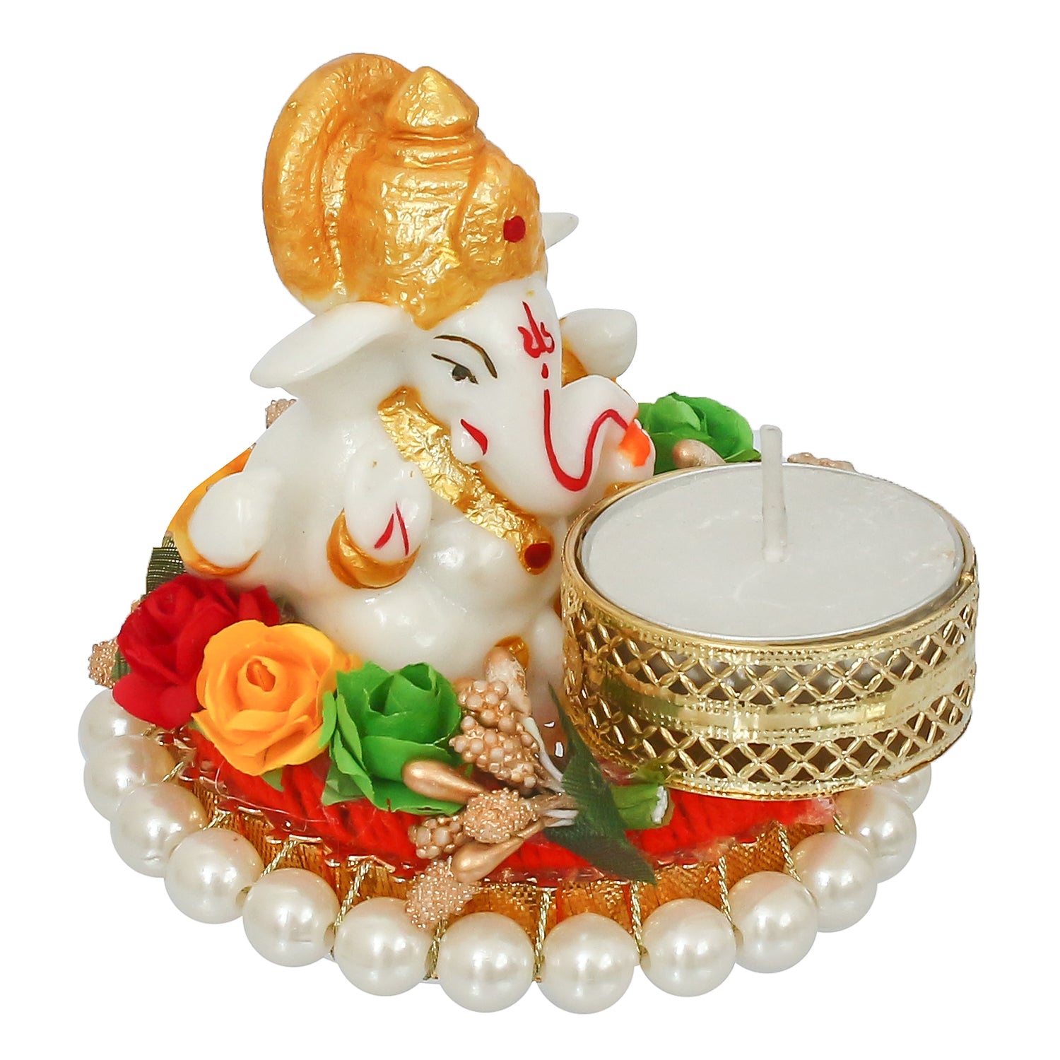 Polyresin Lord Ganesha Idol on decorative metal plate with Tea Light Holder 4
