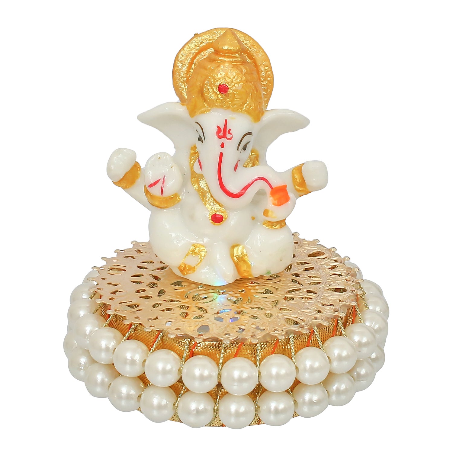 Gold and White Polyresin Lord Ganesha Idol on Decorative Handcrafted Plate for Home and Car Dashboard 4