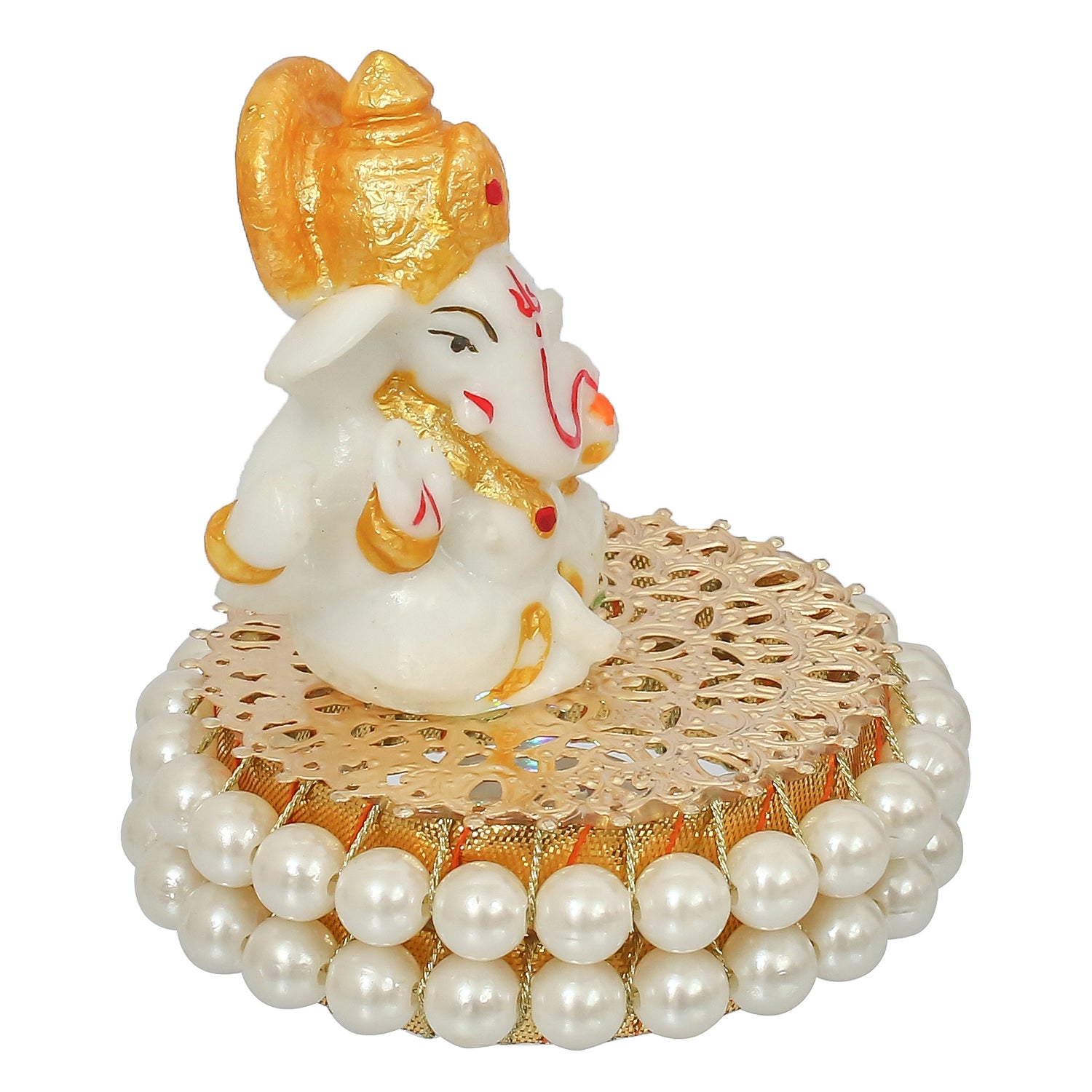 Gold and White Polyresin Lord Ganesha Idol on Decorative Handcrafted Plate for Home and Car Dashboard 6