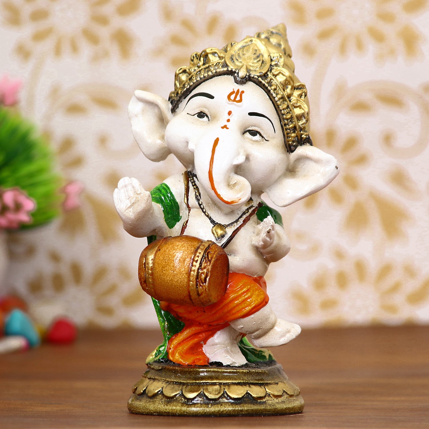 Lord Ganesha Idol Playing Dholak Decorative Showpiece