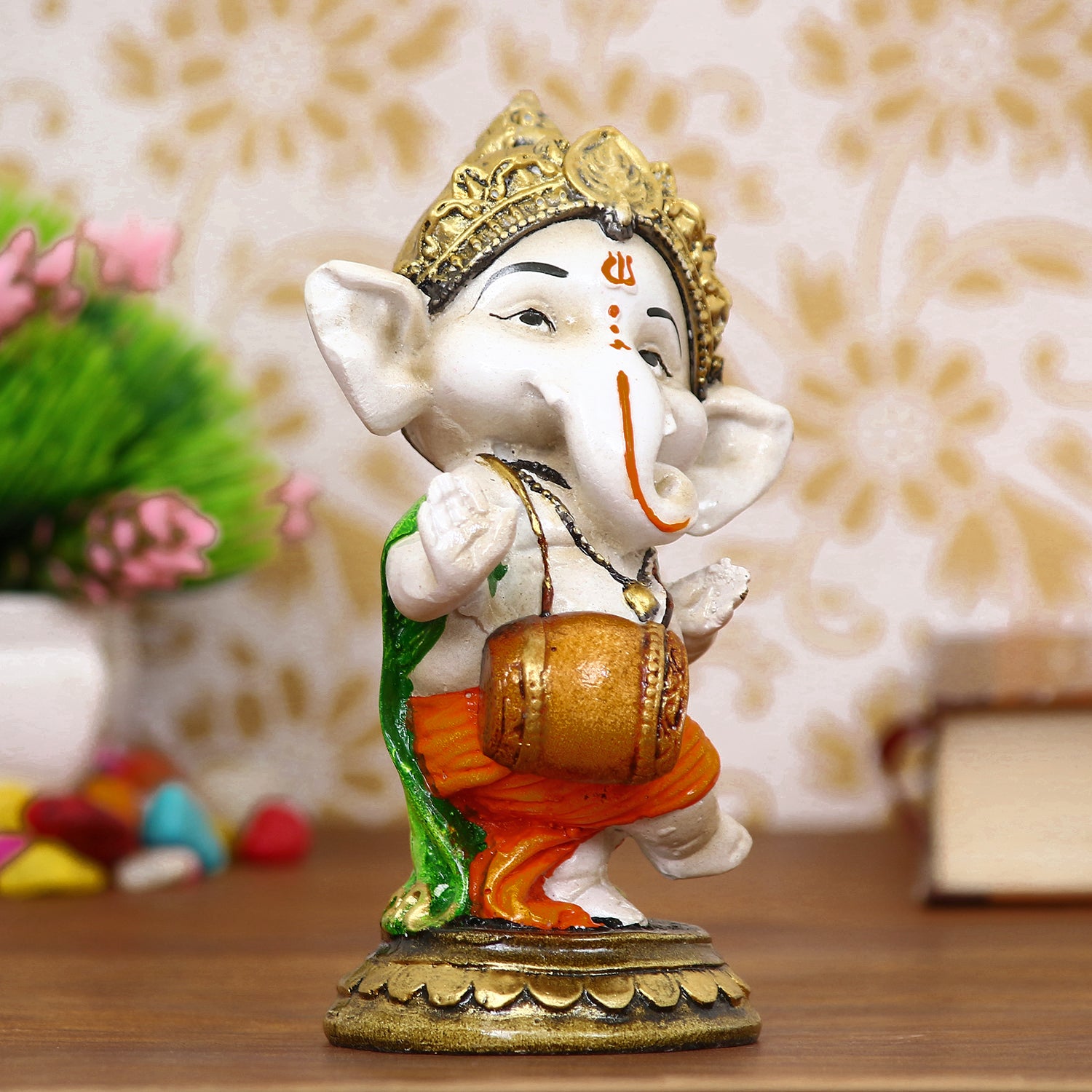 Lord Ganesha Idol Playing Dholak Decorative Showpiece 1