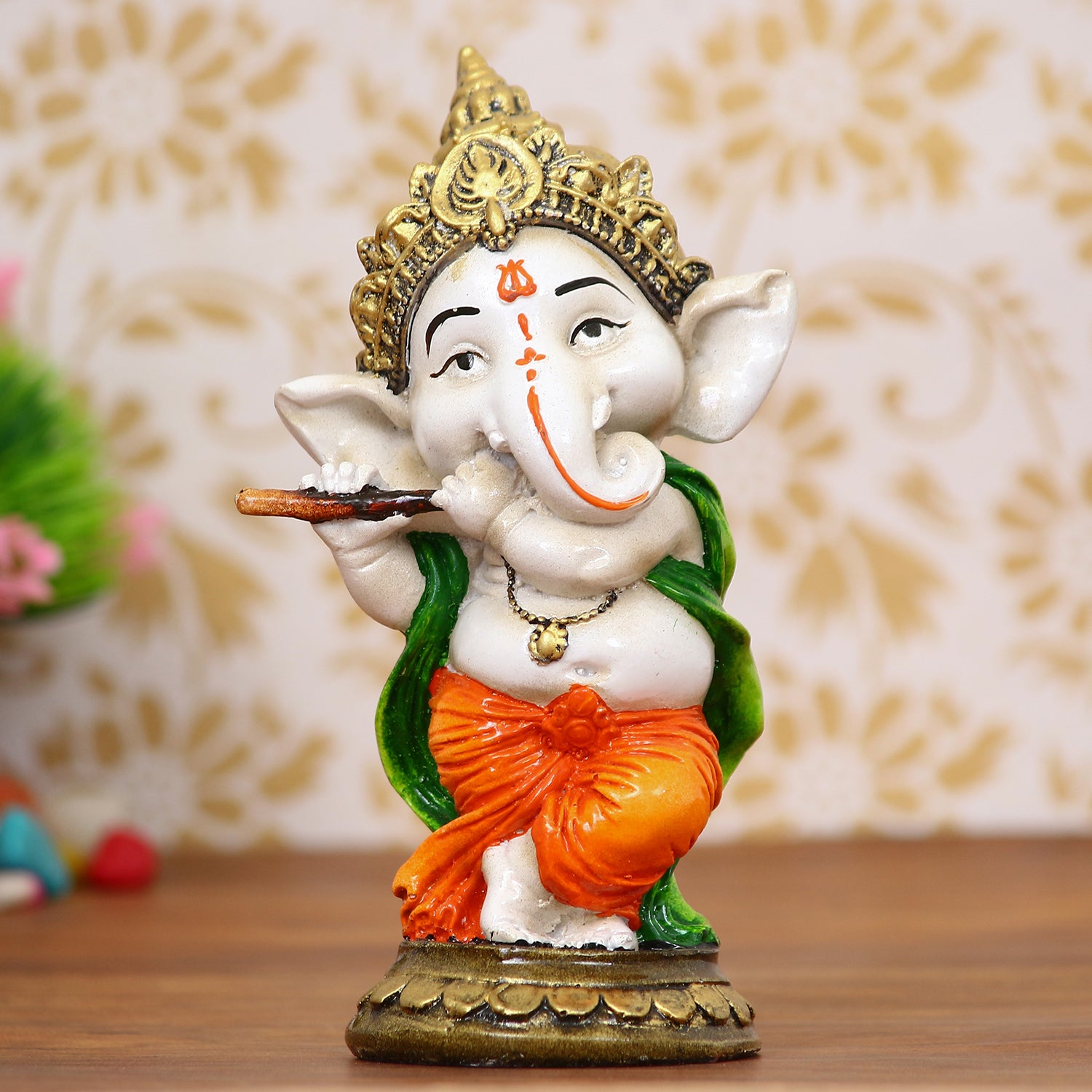 Polyresin Colorful Lord Ganesha Idol Playing Flute