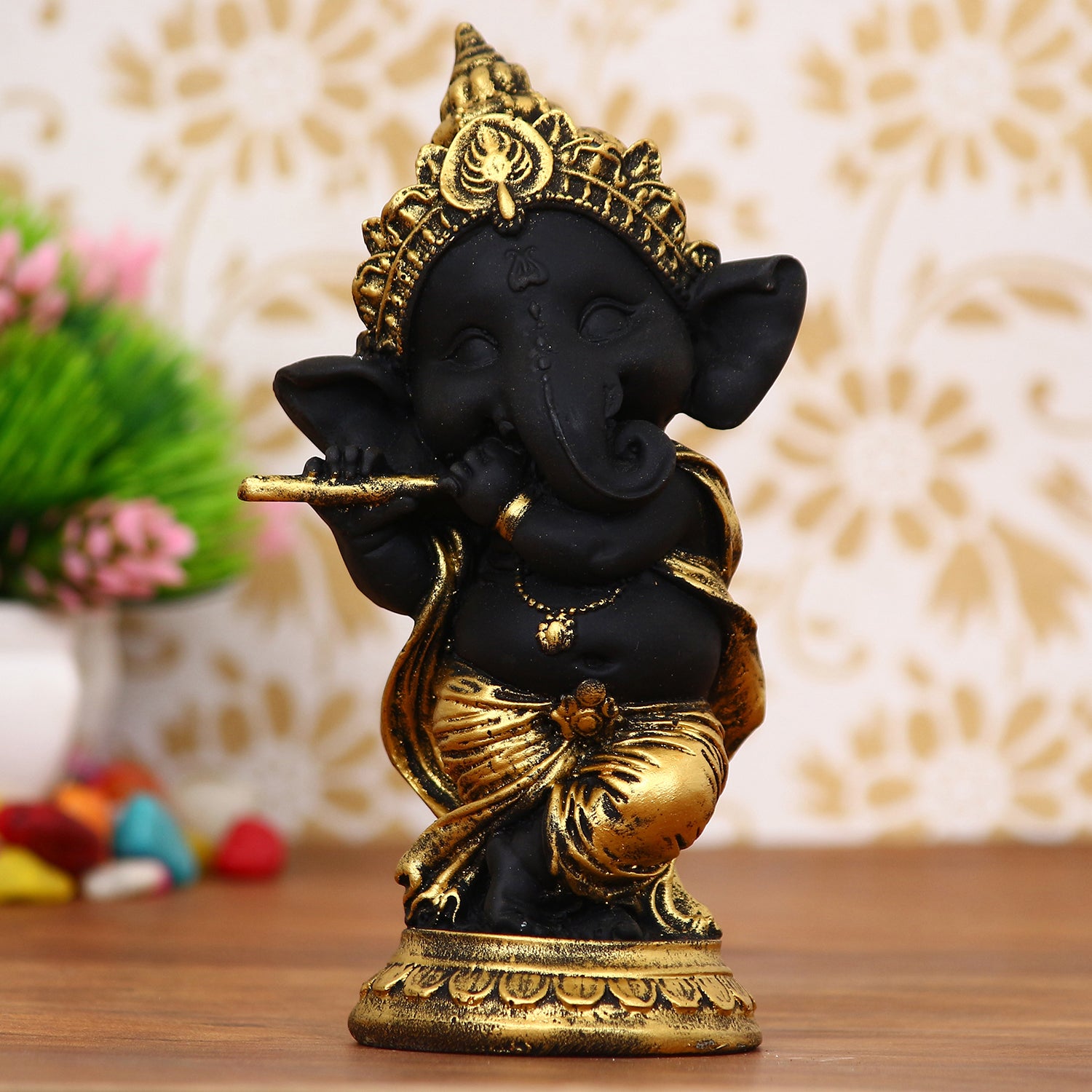 Golden And Black Lord Ganesha Idol Playing Flute Decorative Showpiece
