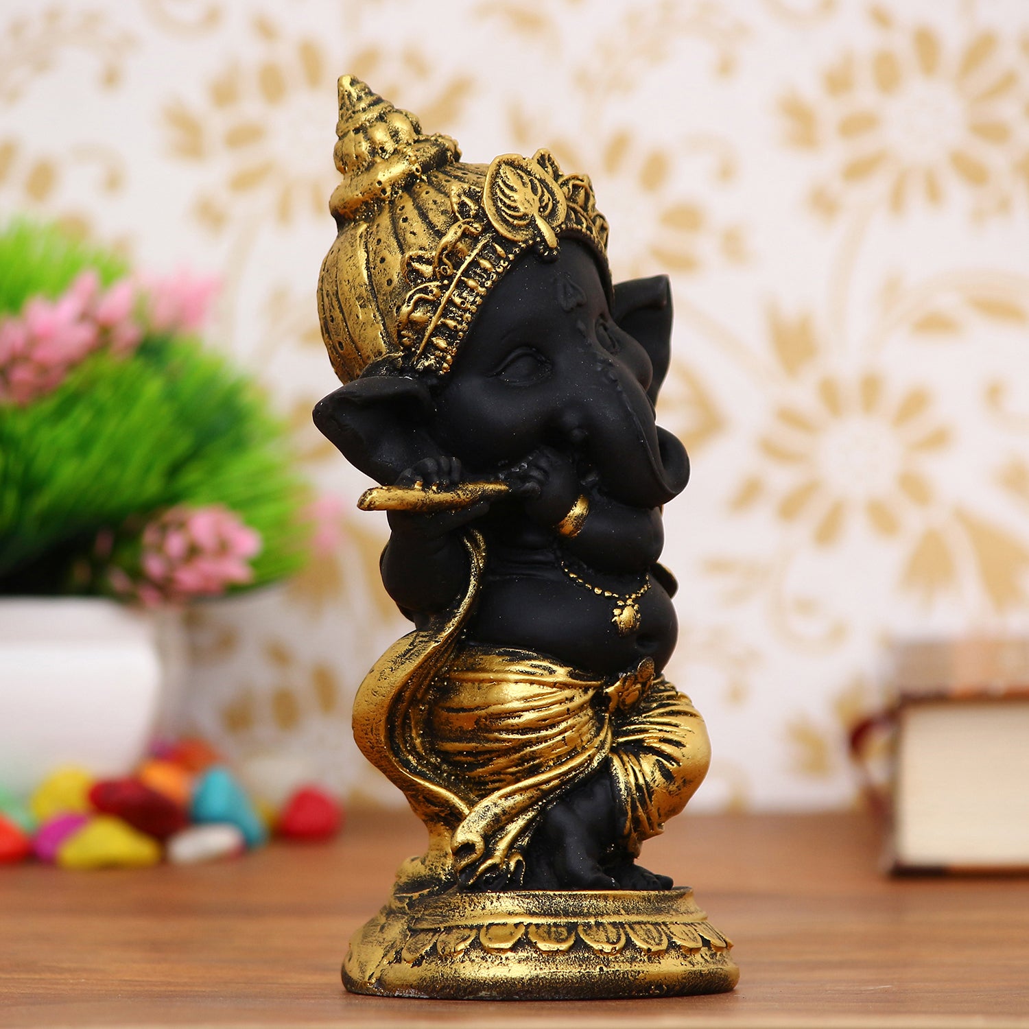Golden And Black Lord Ganesha Idol Playing Flute Decorative Showpiece 1