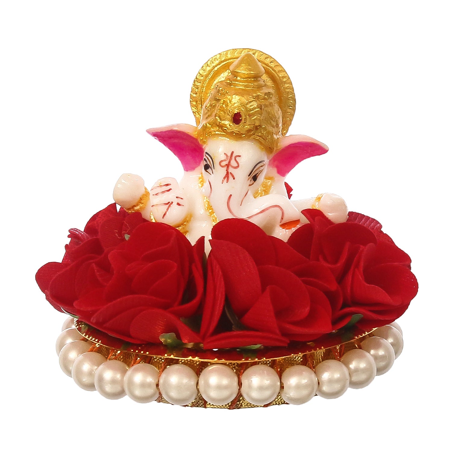Lord Ganesha Idol on Decorative Handcrafted Plate with Red Flowers 2
