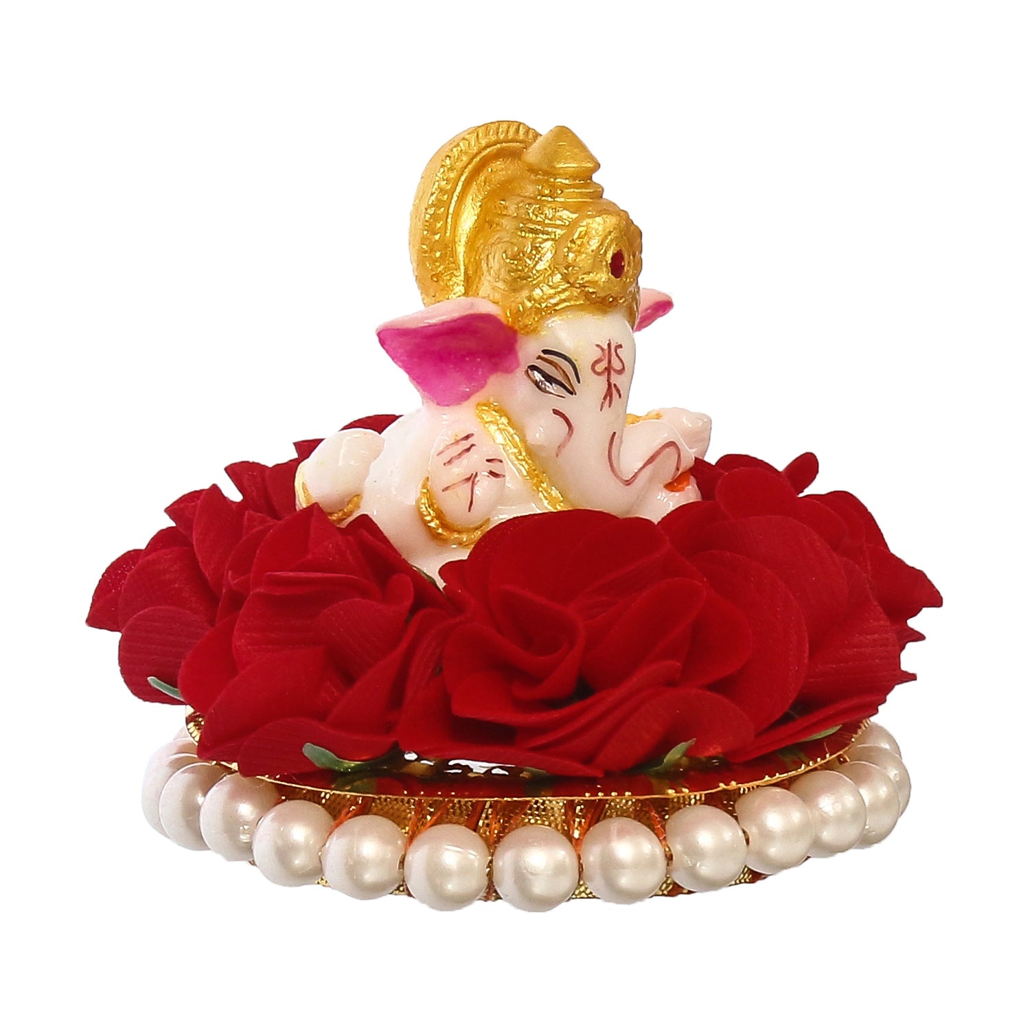 Lord Ganesha Idol on Decorative Handcrafted Plate with Red Flowers 4