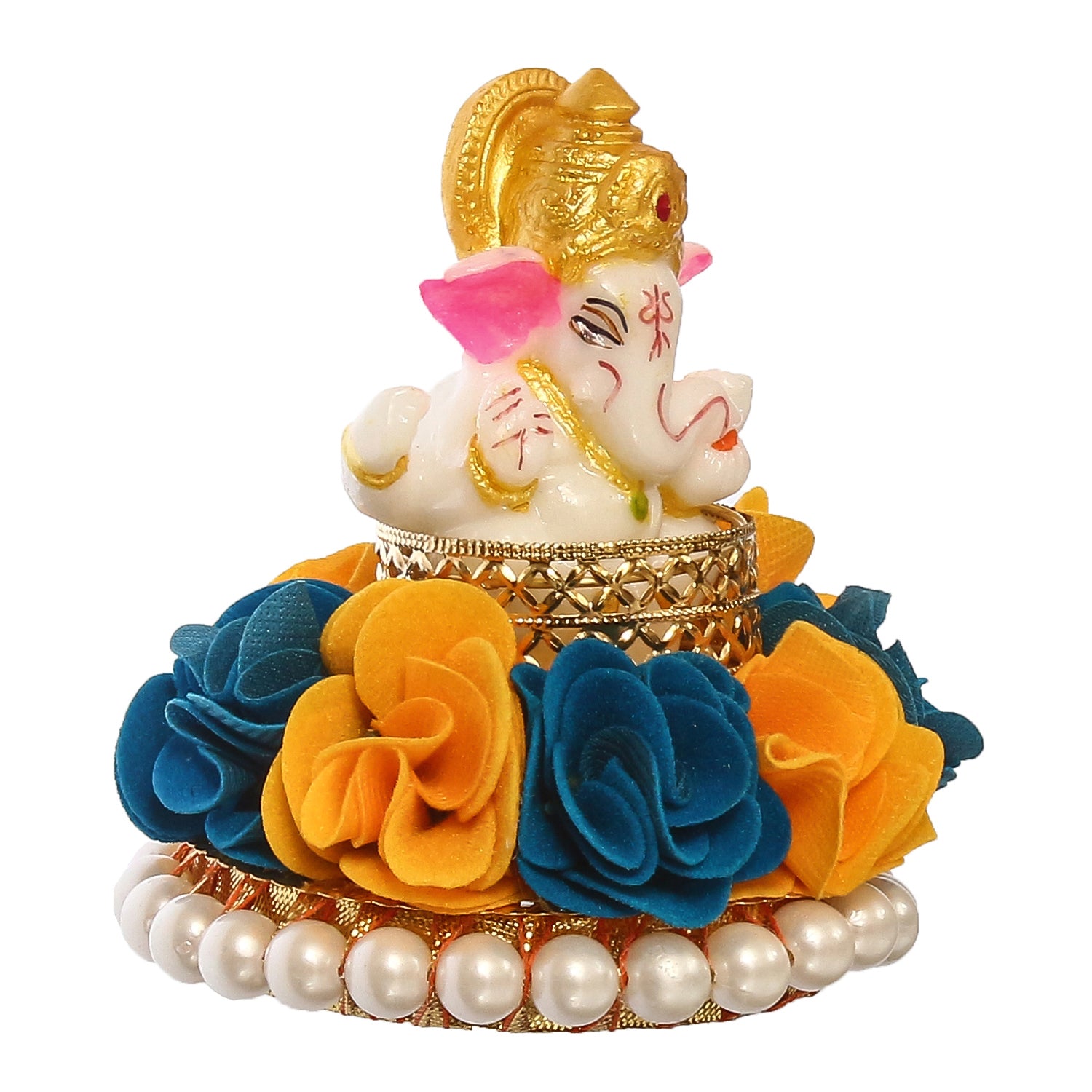 Lord Ganesha Idol on Decorative Handcrafted Plate with Yellow and Blue Flowers 3