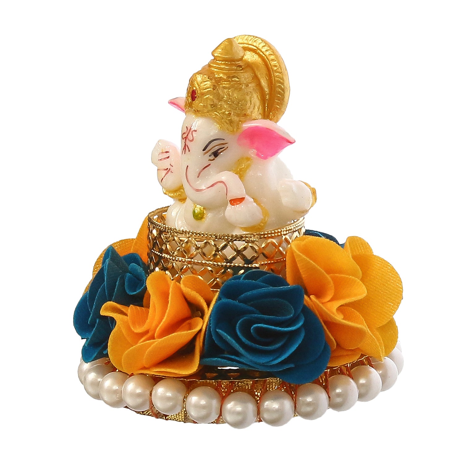 Lord Ganesha Idol on Decorative Handcrafted Plate with Yellow and Blue Flowers 4