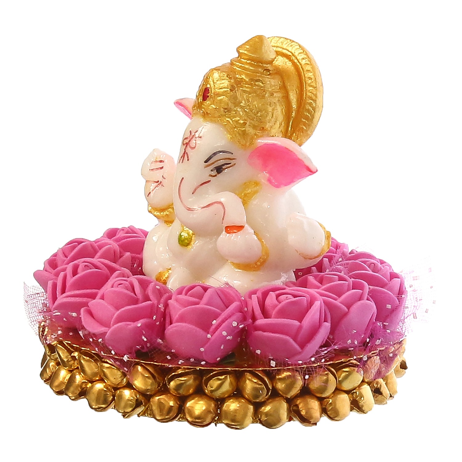 Polyresin Lord Ganesha Idol on Decorative Handcrafted Plate with Pink Flowers 5