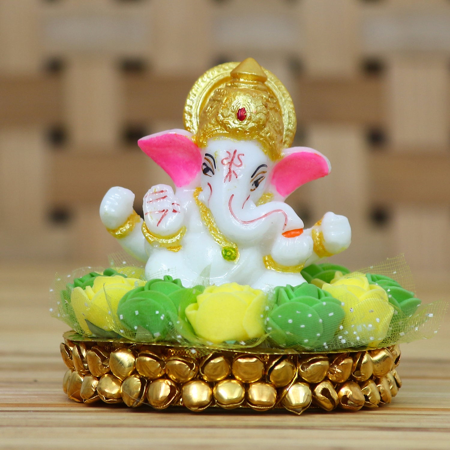 Lord Ganesha Idol On Decorative Handcrafted Green And Yellow Flowers Plate 1