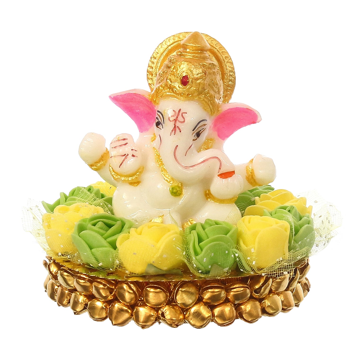 Lord Ganesha Idol On Decorative Handcrafted Green And Yellow Flowers Plate 2