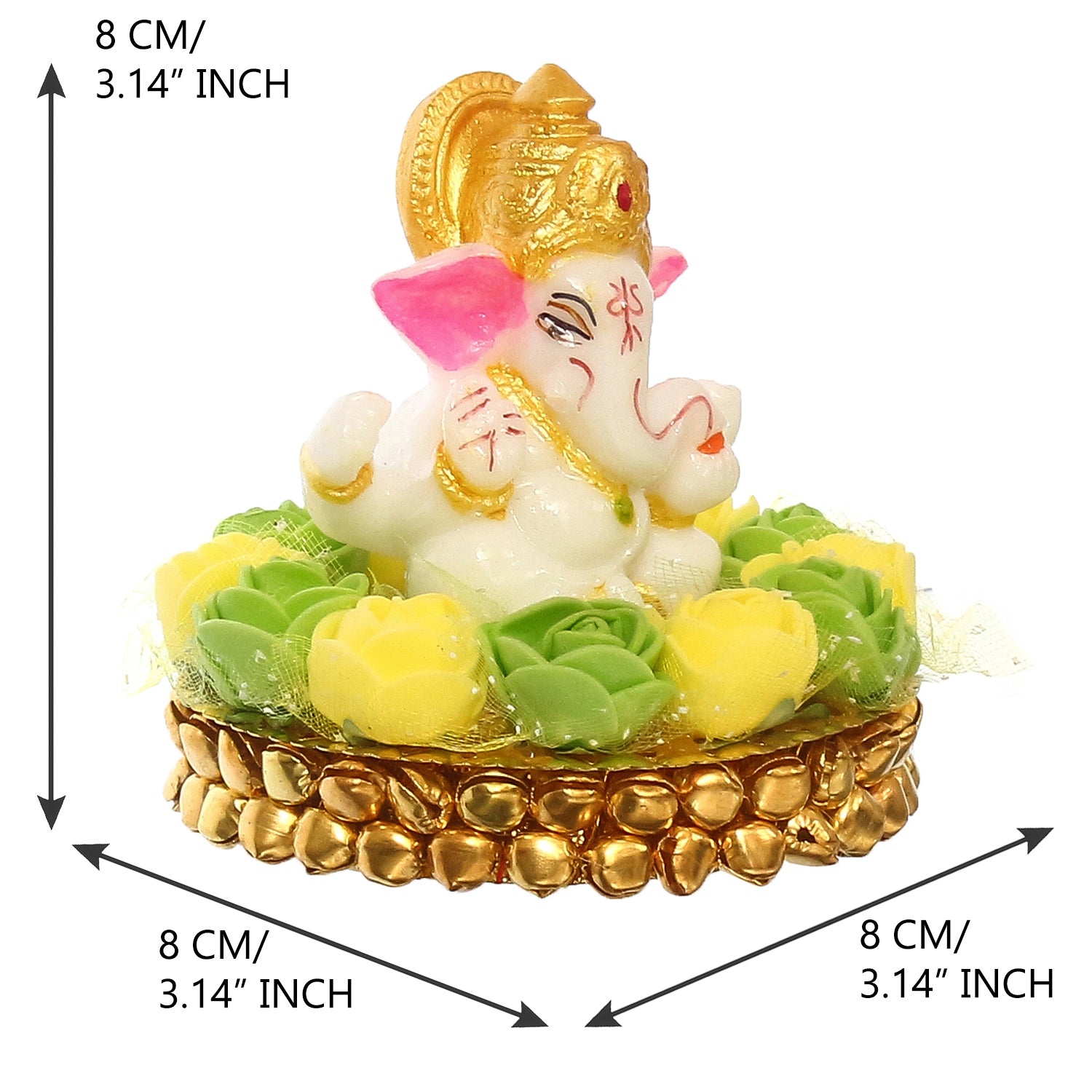 Lord Ganesha Idol On Decorative Handcrafted Green And Yellow Flowers Plate 3