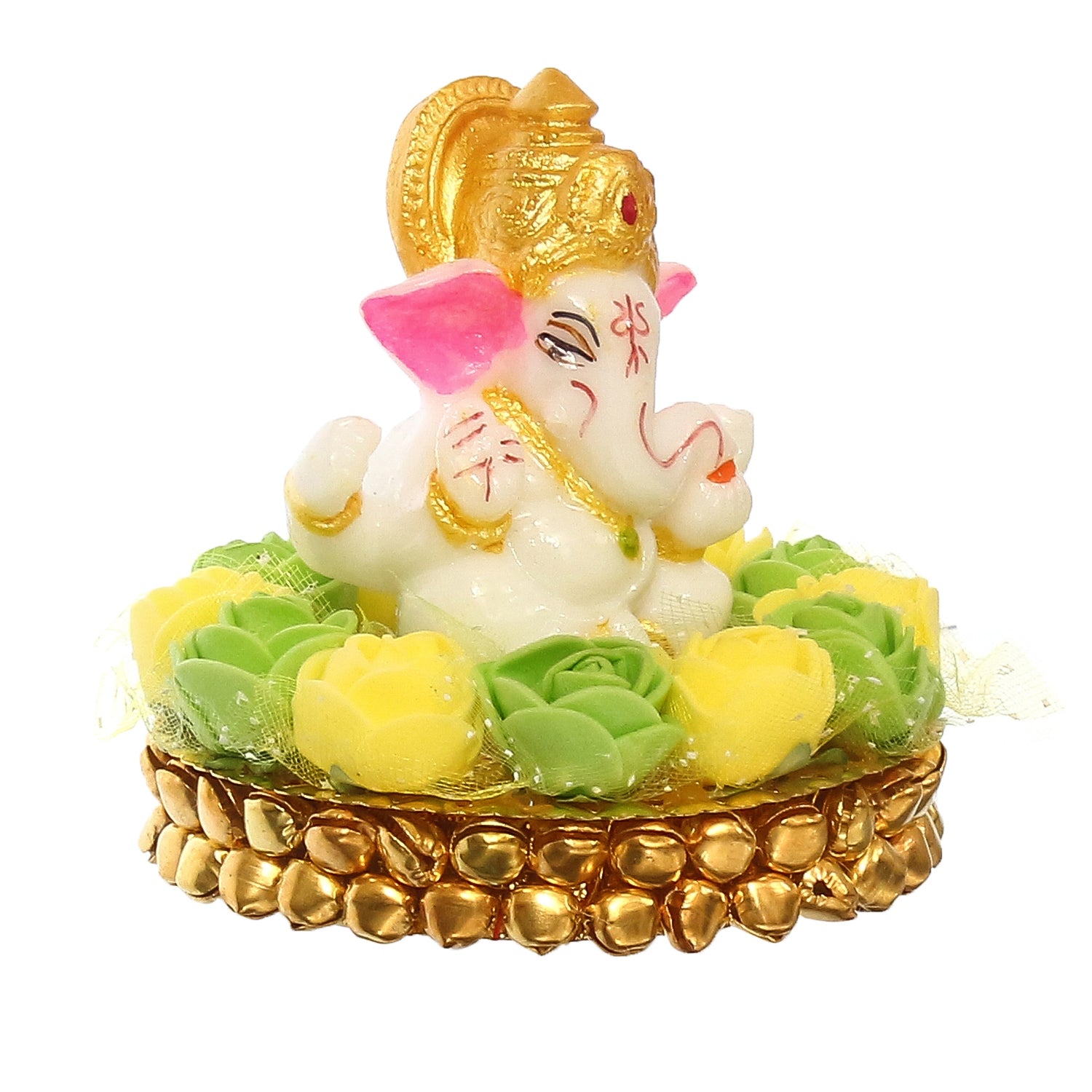 Lord Ganesha Idol On Decorative Handcrafted Green And Yellow Flowers Plate 4