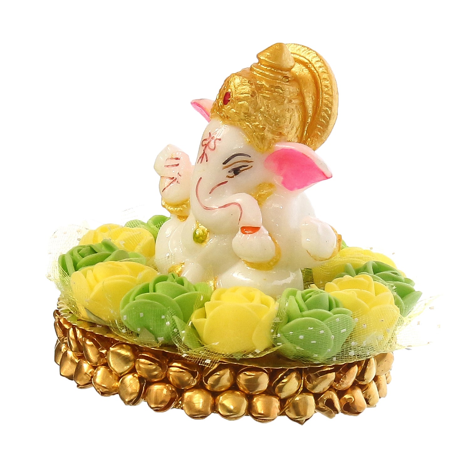 Lord Ganesha Idol On Decorative Handcrafted Green And Yellow Flowers Plate 5
