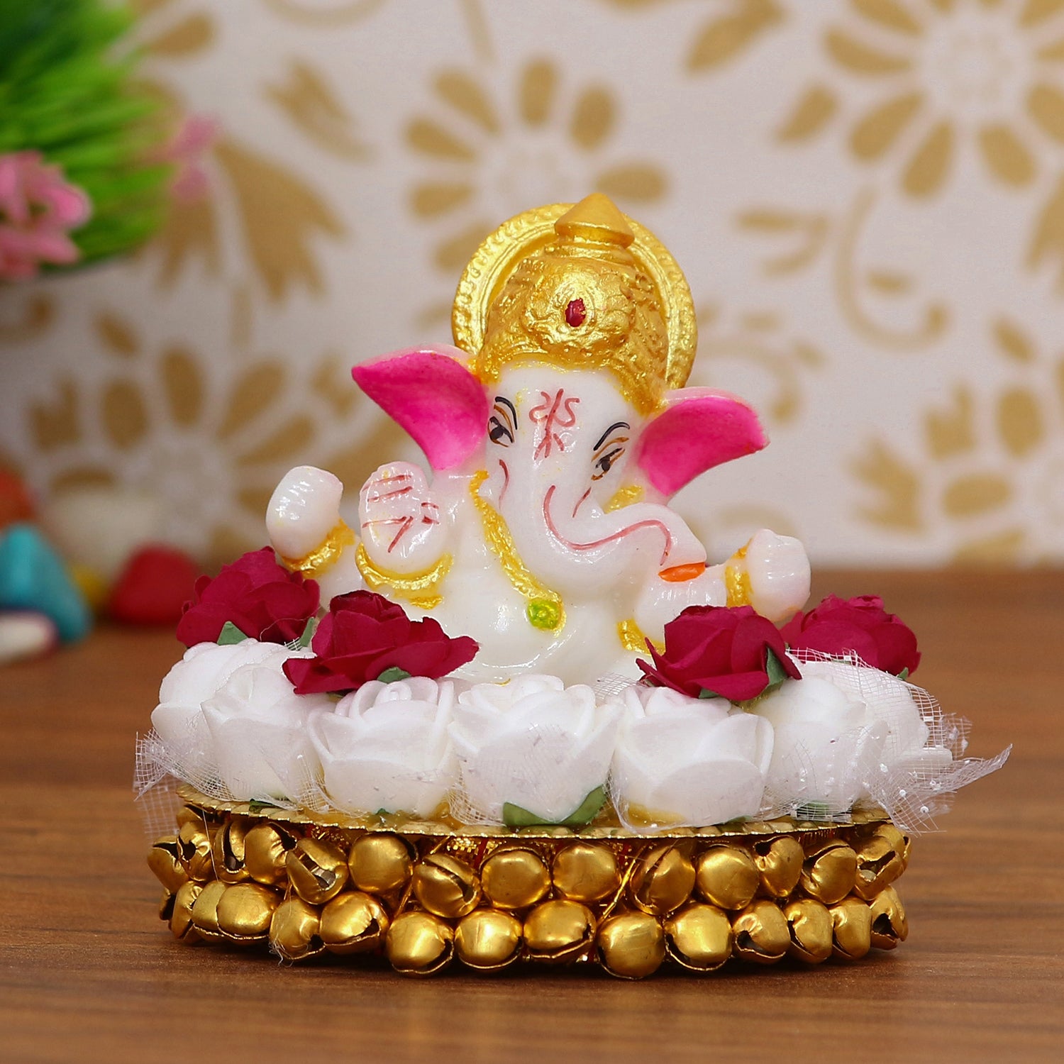 Lord Ganesha Idol on Decorative Handcrafted Plate with White Flowers