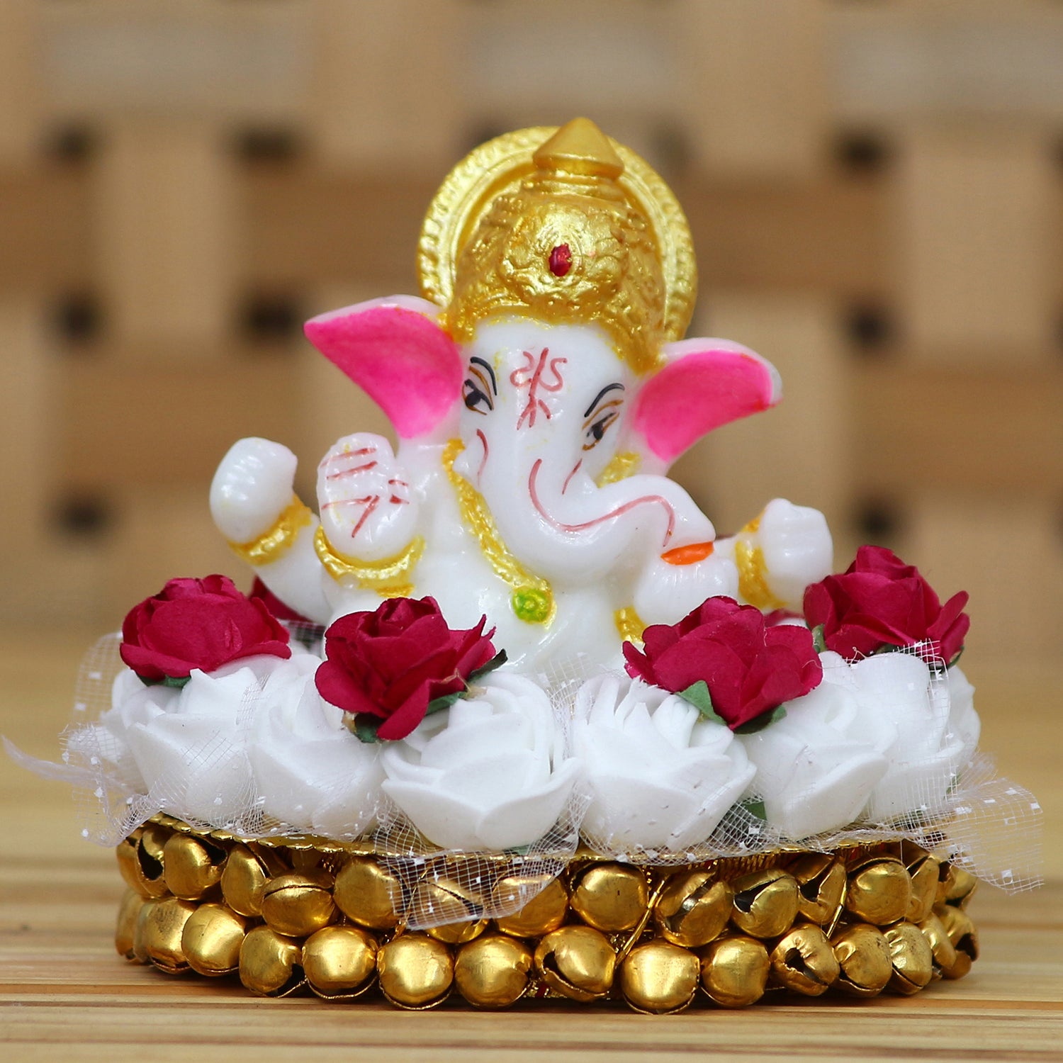 Lord Ganesha Idol on Decorative Handcrafted Plate with White Flowers 1