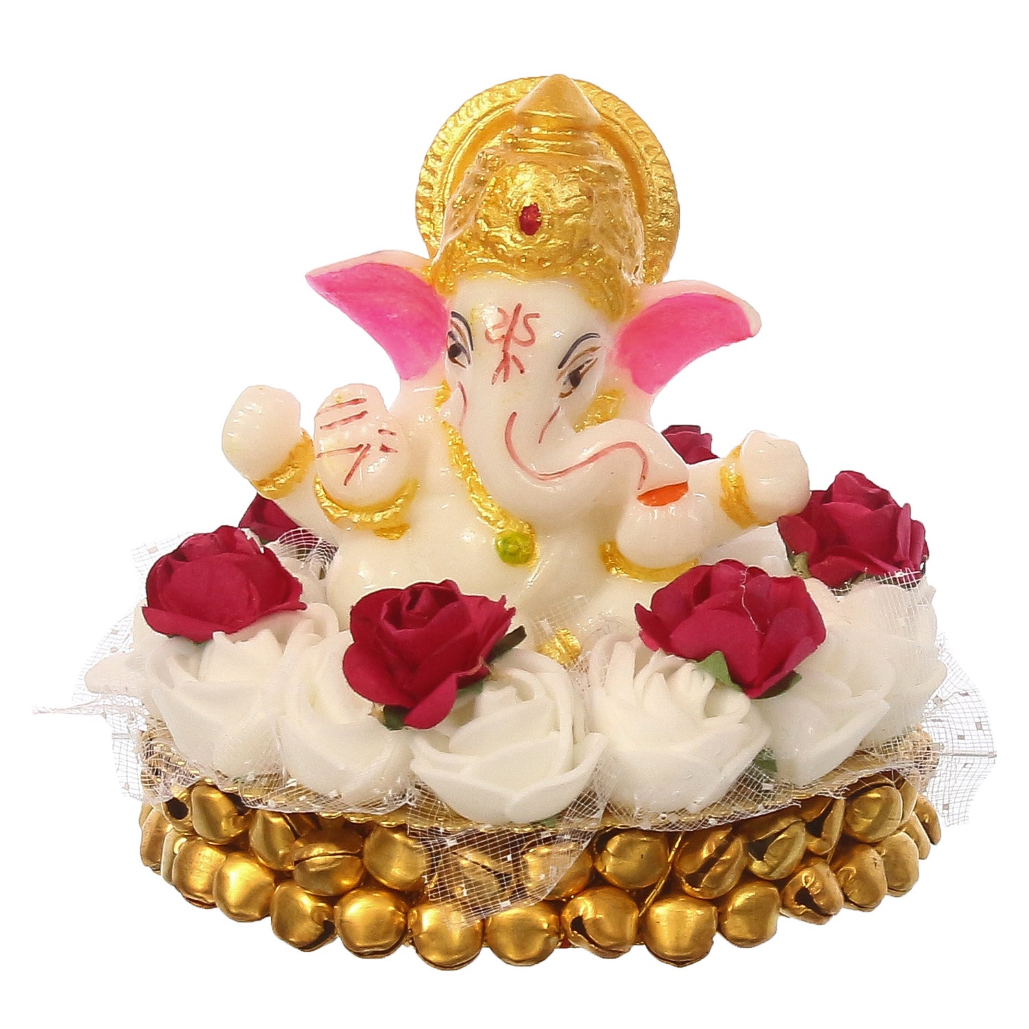 Lord Ganesha Idol on Decorative Handcrafted Plate with White Flowers 2