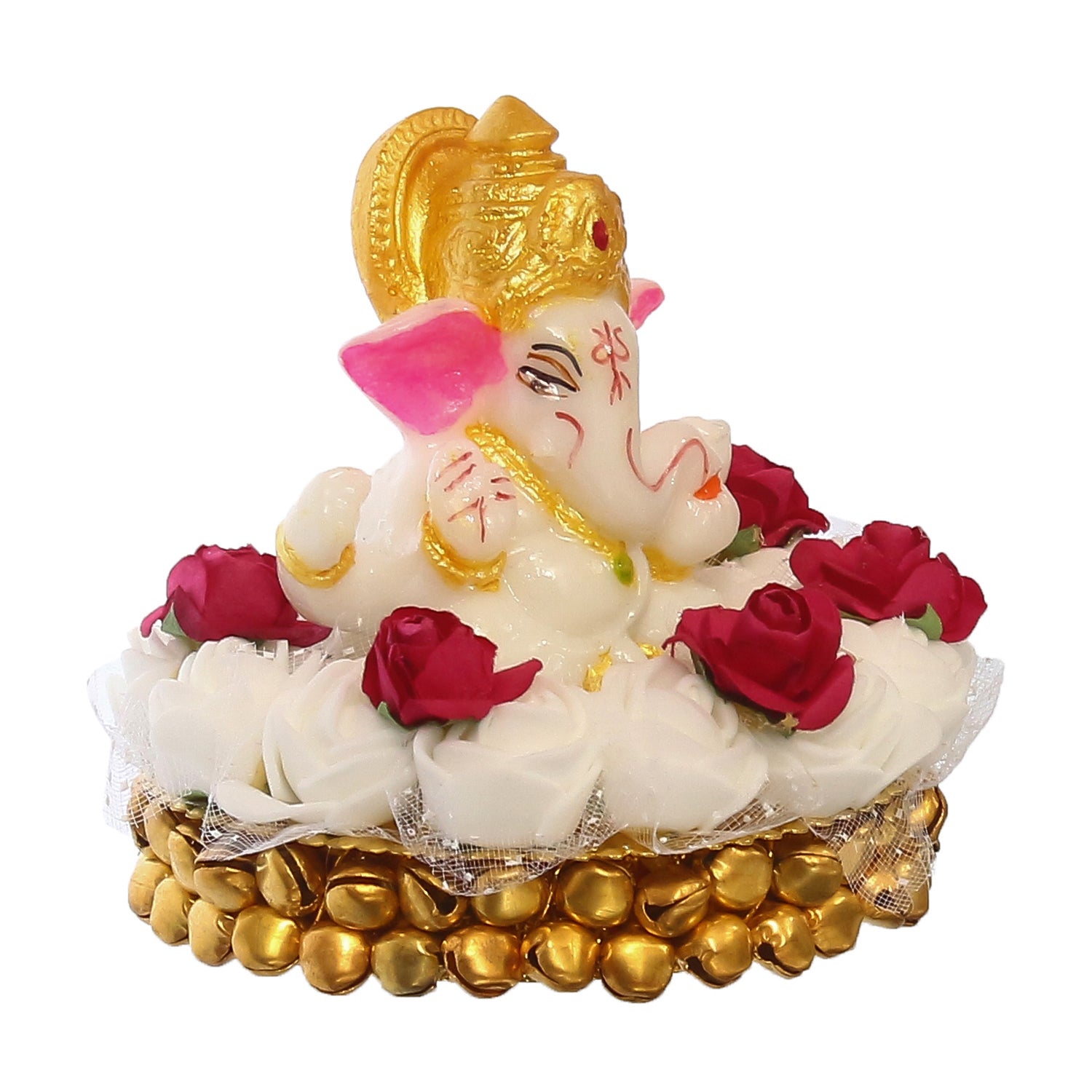 Lord Ganesha Idol on Decorative Handcrafted Plate with White Flowers 4