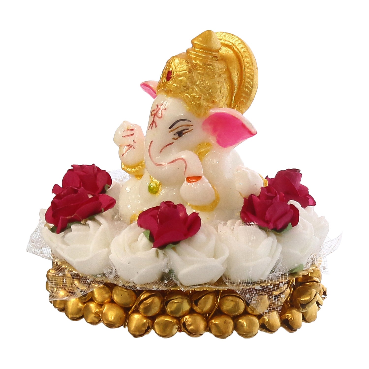 Lord Ganesha Idol on Decorative Handcrafted Plate with White Flowers 5