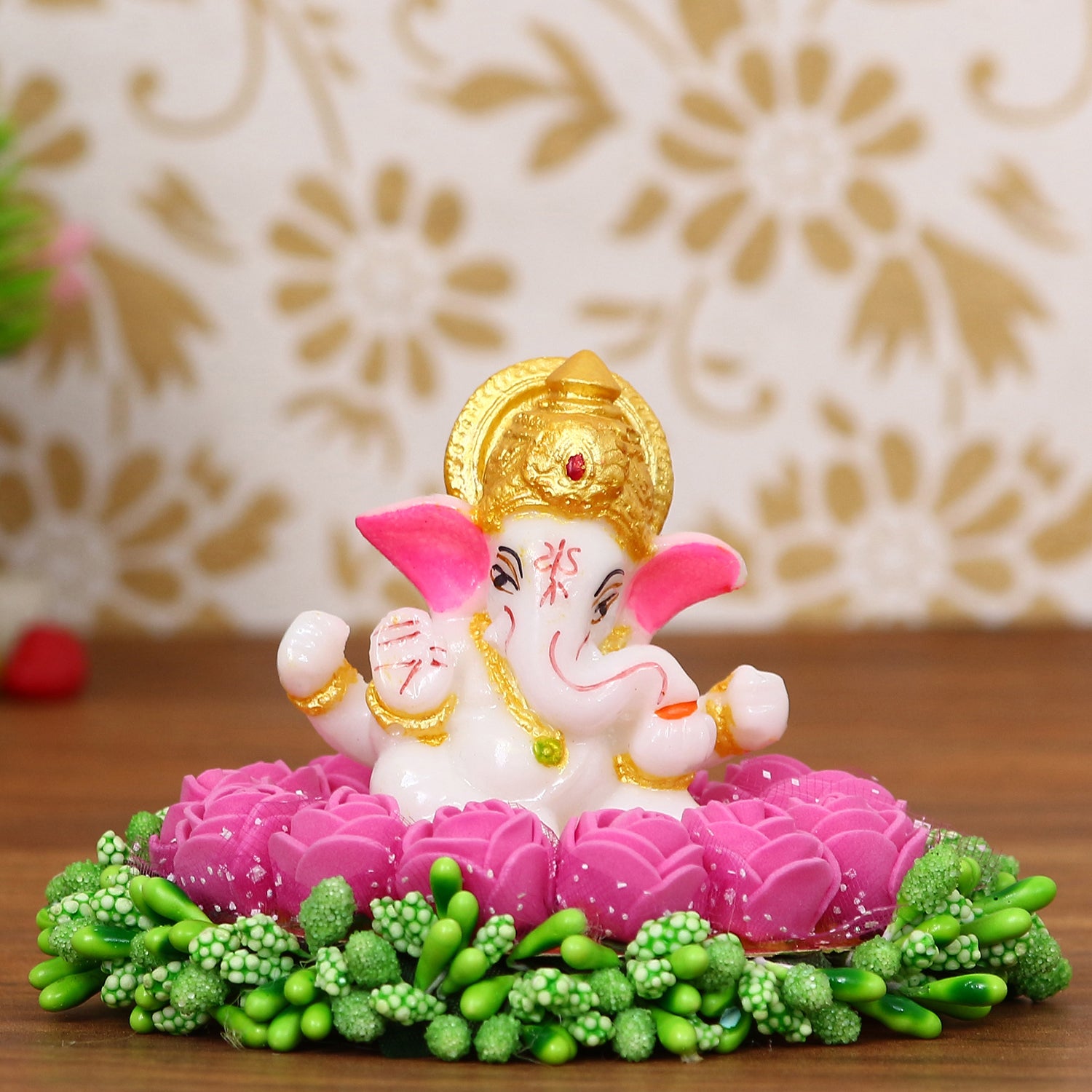 Lord Ganesha Idol On Decorative Handcrafted Pink Flowers Plate