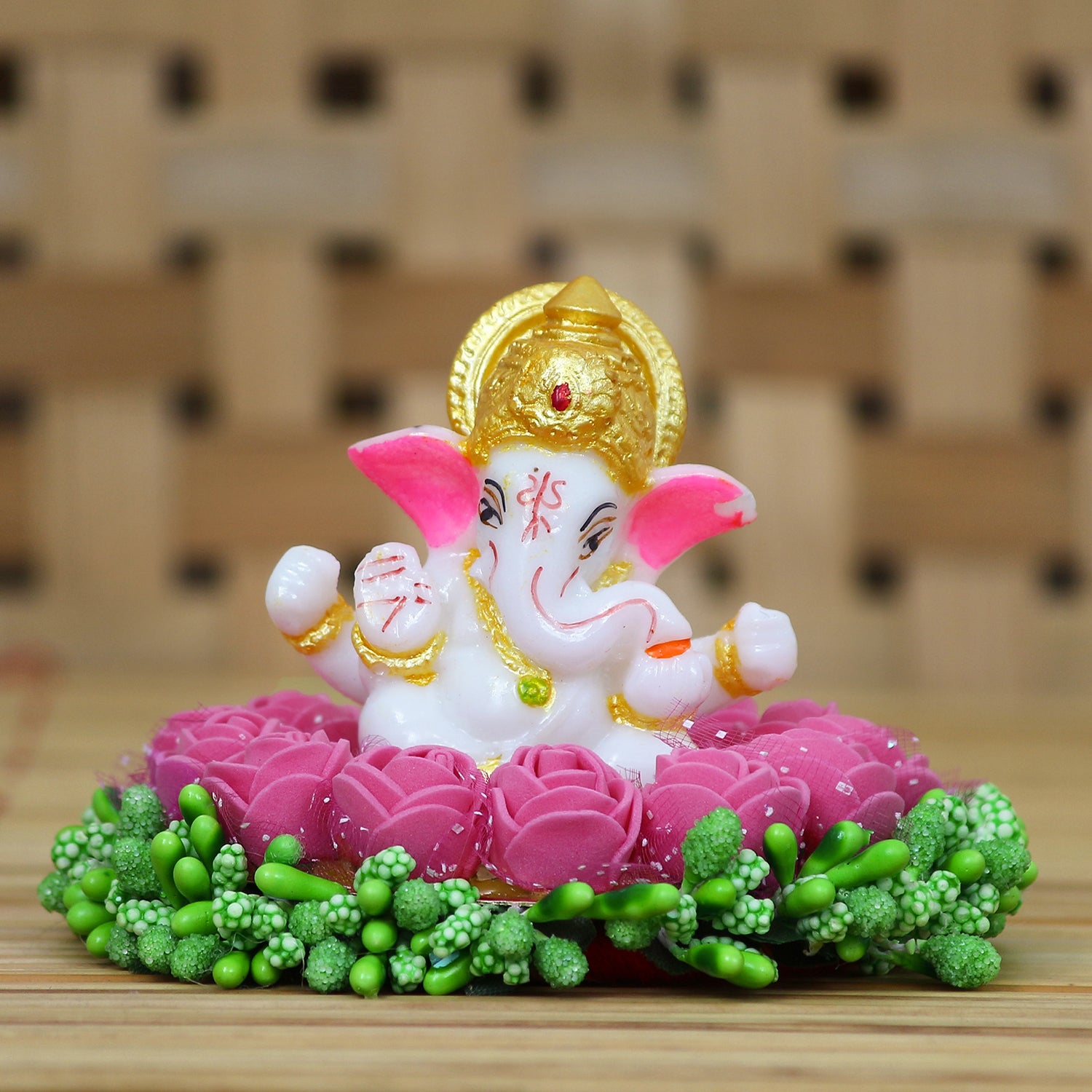 Lord Ganesha Idol On Decorative Handcrafted Pink Flowers Plate 1