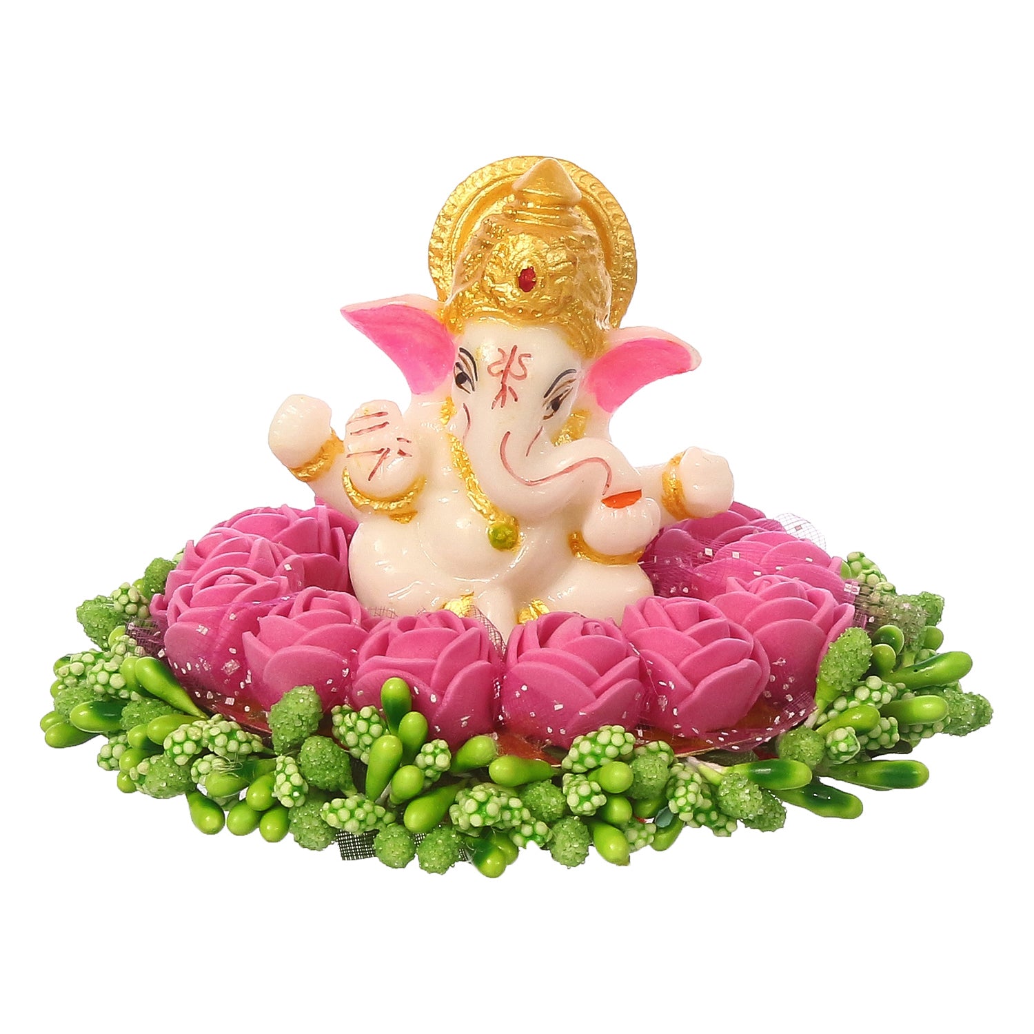 Lord Ganesha Idol On Decorative Handcrafted Pink Flowers Plate 2