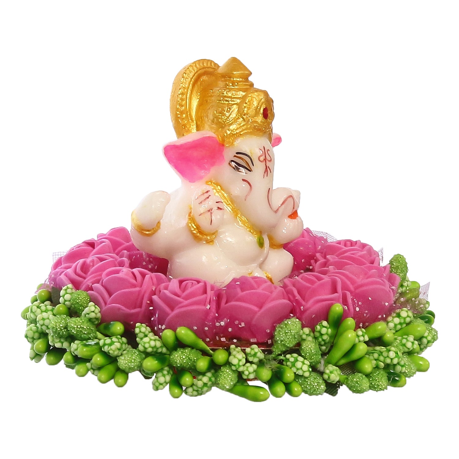 Lord Ganesha Idol On Decorative Handcrafted Pink Flowers Plate 4