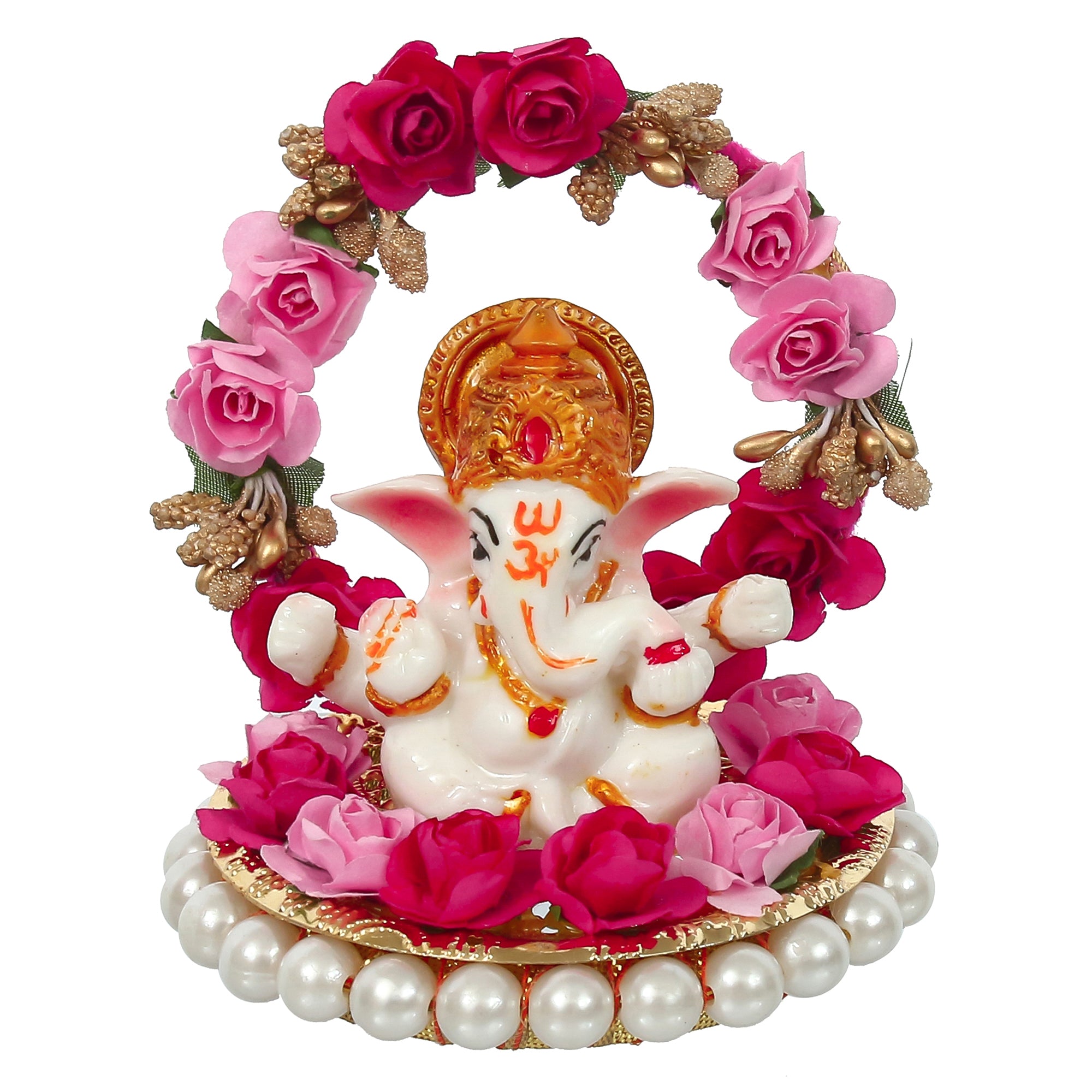 Polyresin Lord Ganesha Idol on Decorative Handcrafted Plate with Throne of Pink and Red Flowers 2