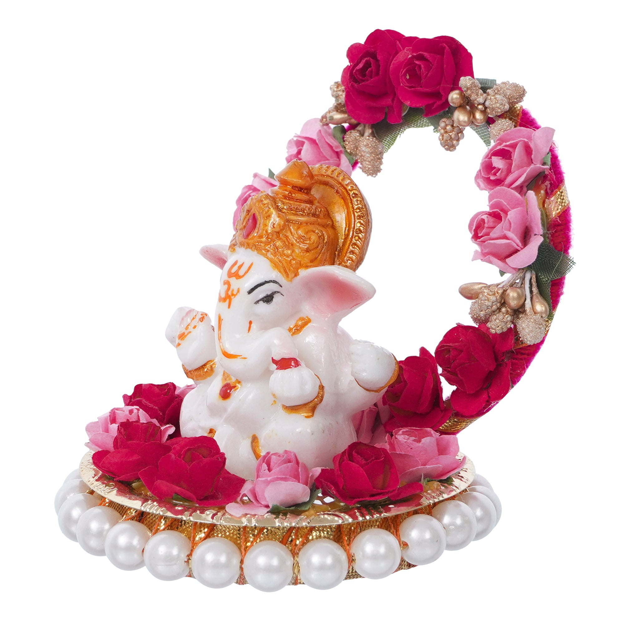 Polyresin Lord Ganesha Idol on Decorative Handcrafted Plate with Throne of Pink and Red Flowers 5