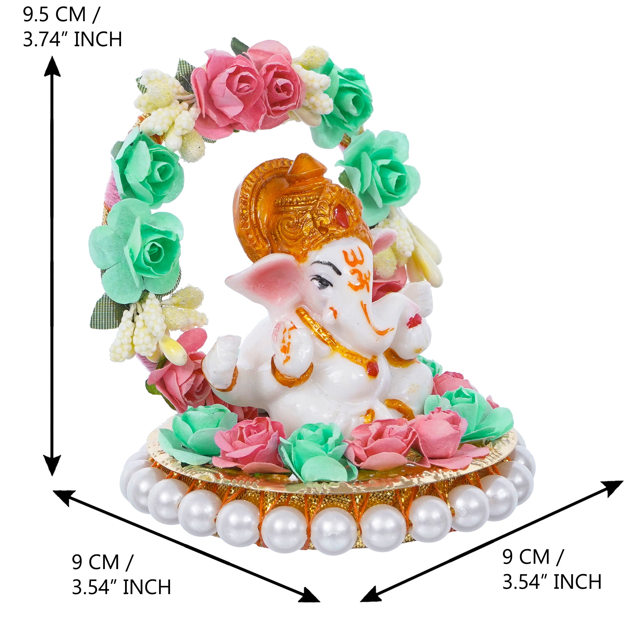 Lord Ganesha Idol On Decorative Handicrafted Plate With Throne Of Pink And Green Flowers 3