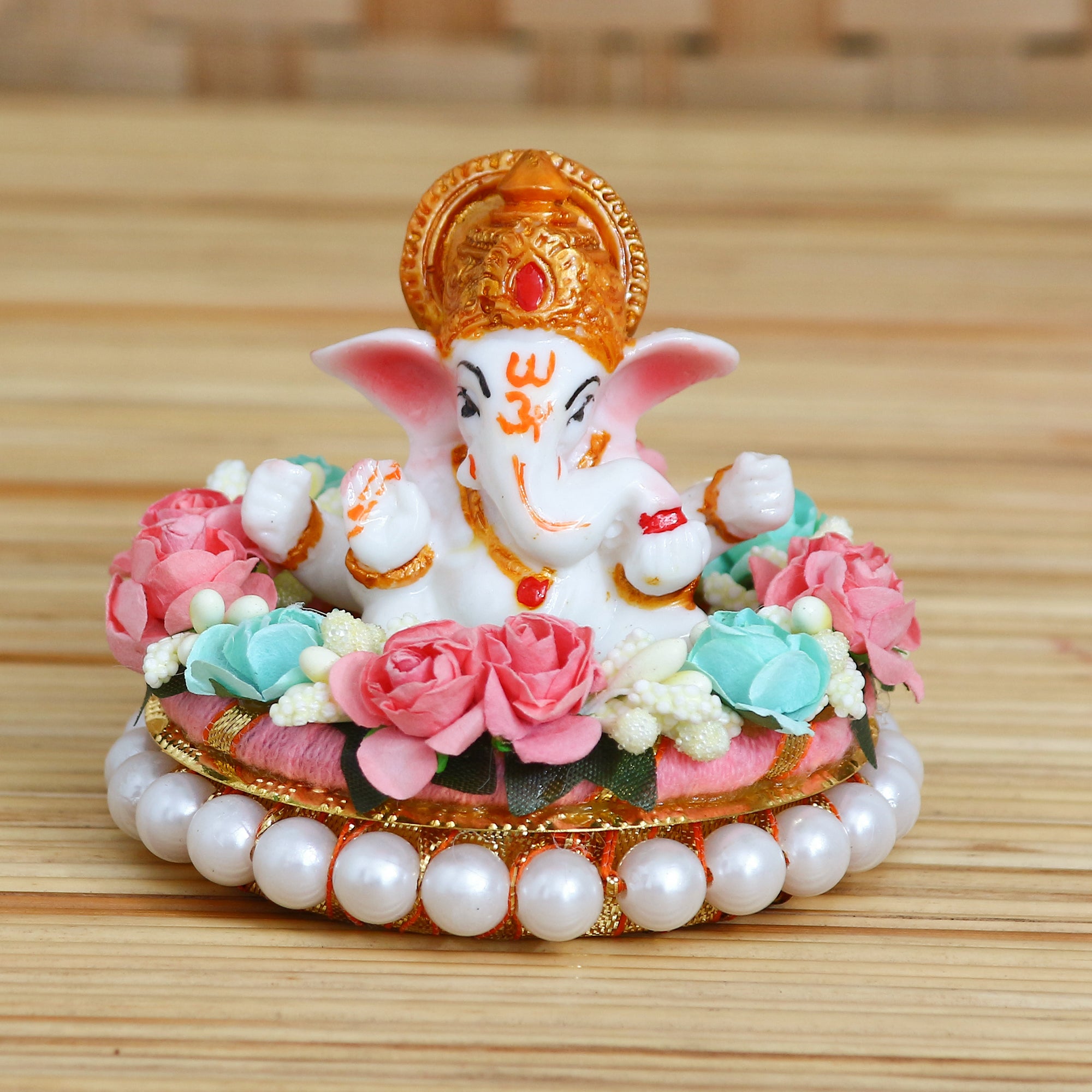 Lord Ganesha Idol On Decorative Handcrafted Colorful Flowers Plate