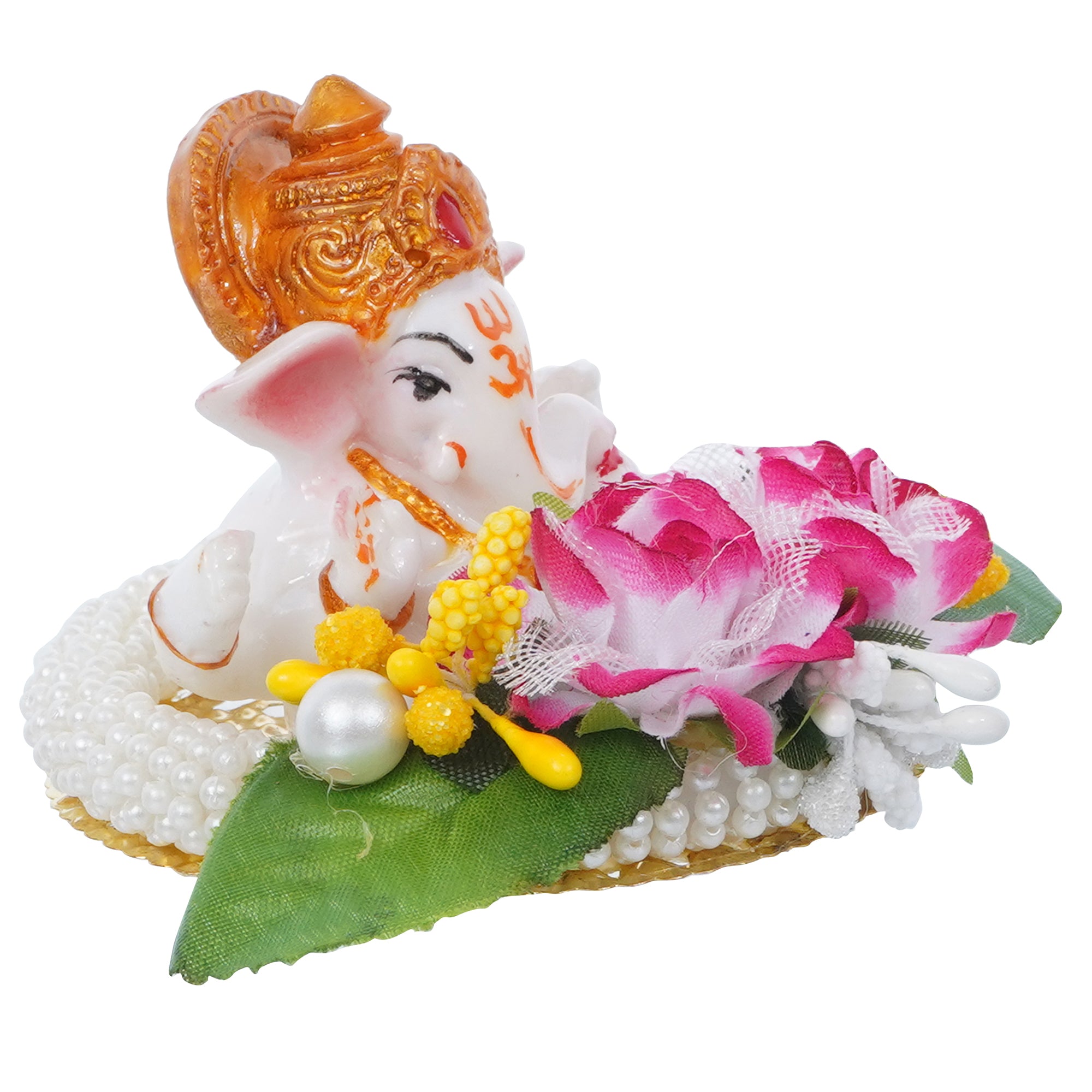 Lord Ganesha Idol on Decorative Handcrafted Plate with Colorful Flowers and Leaf 4