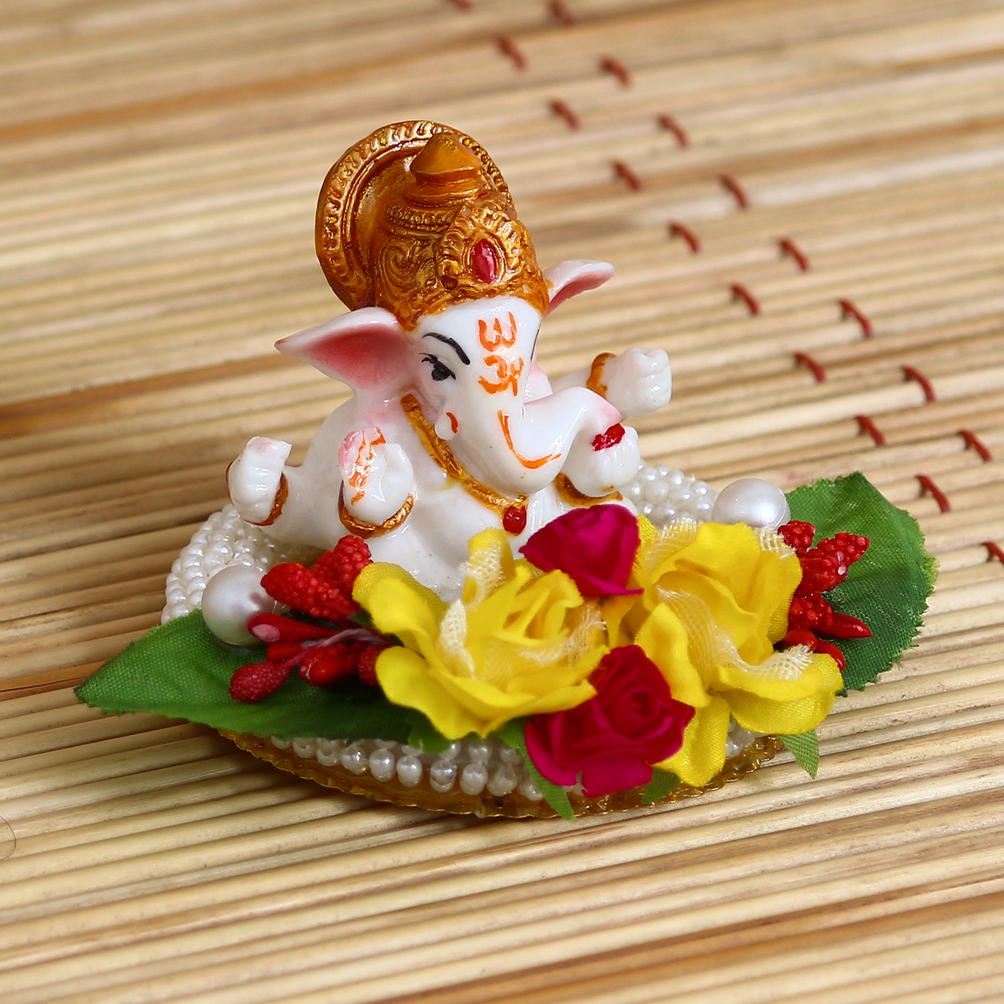 Lord Ganesha Idol on Decorative Handcrafted Plate with Colorful Flowers and Leaf 1