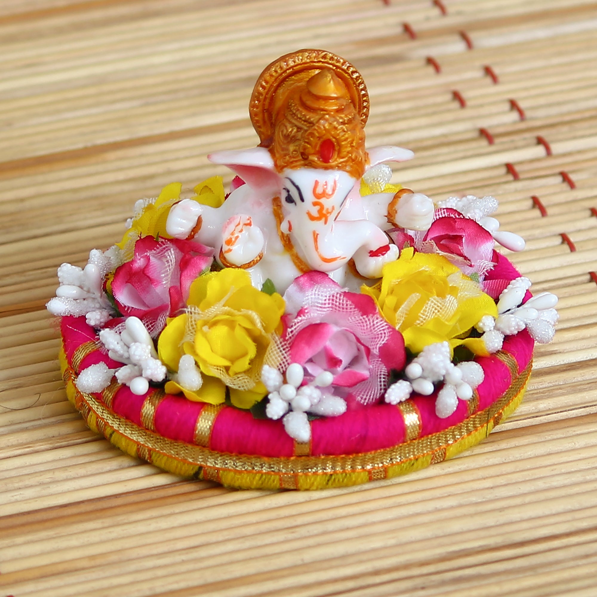 Lord Ganesha Idol On Decorative Handcrafted Colorful Flowers Plate 2