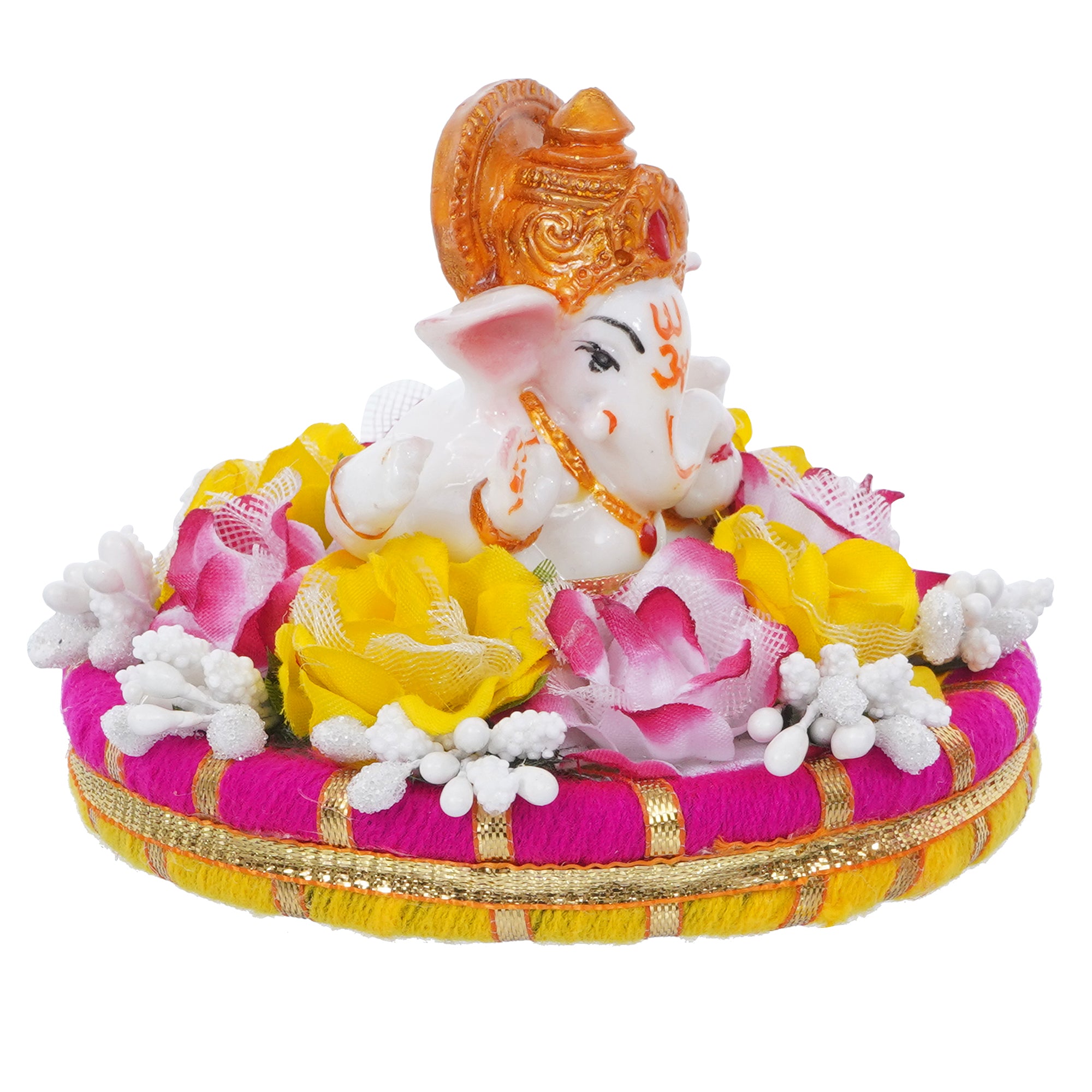 Lord Ganesha Idol On Decorative Handcrafted Colorful Flowers Plate 5