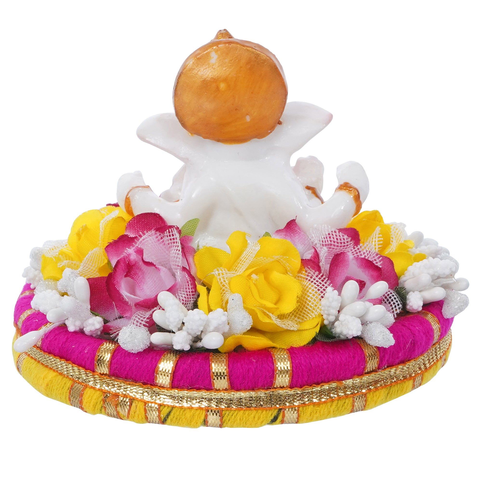 Lord Ganesha Idol On Decorative Handcrafted Colorful Flowers Plate 7