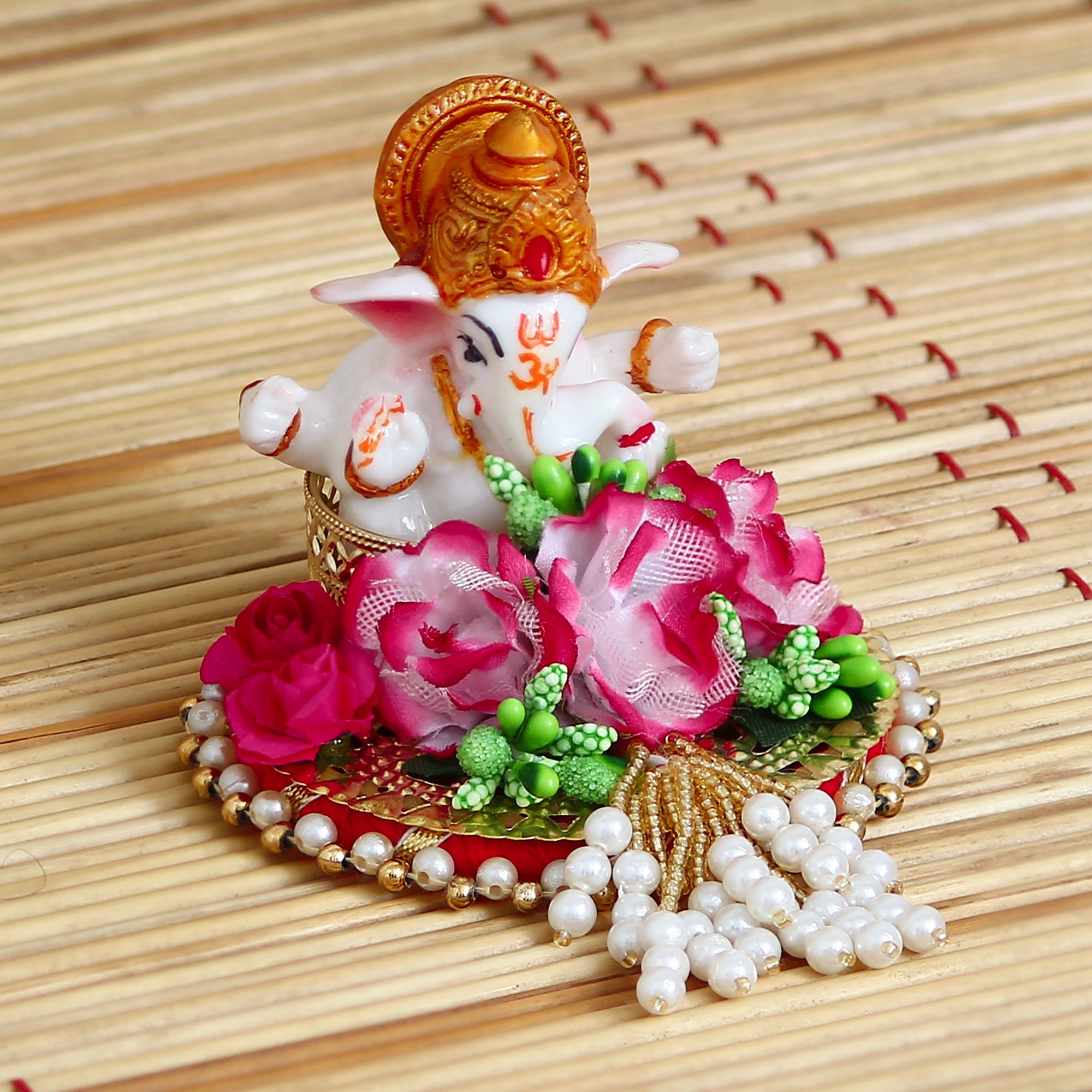 Lord Ganesha Idol On Decorative Handcrafted Colorful Flowers Plate 1