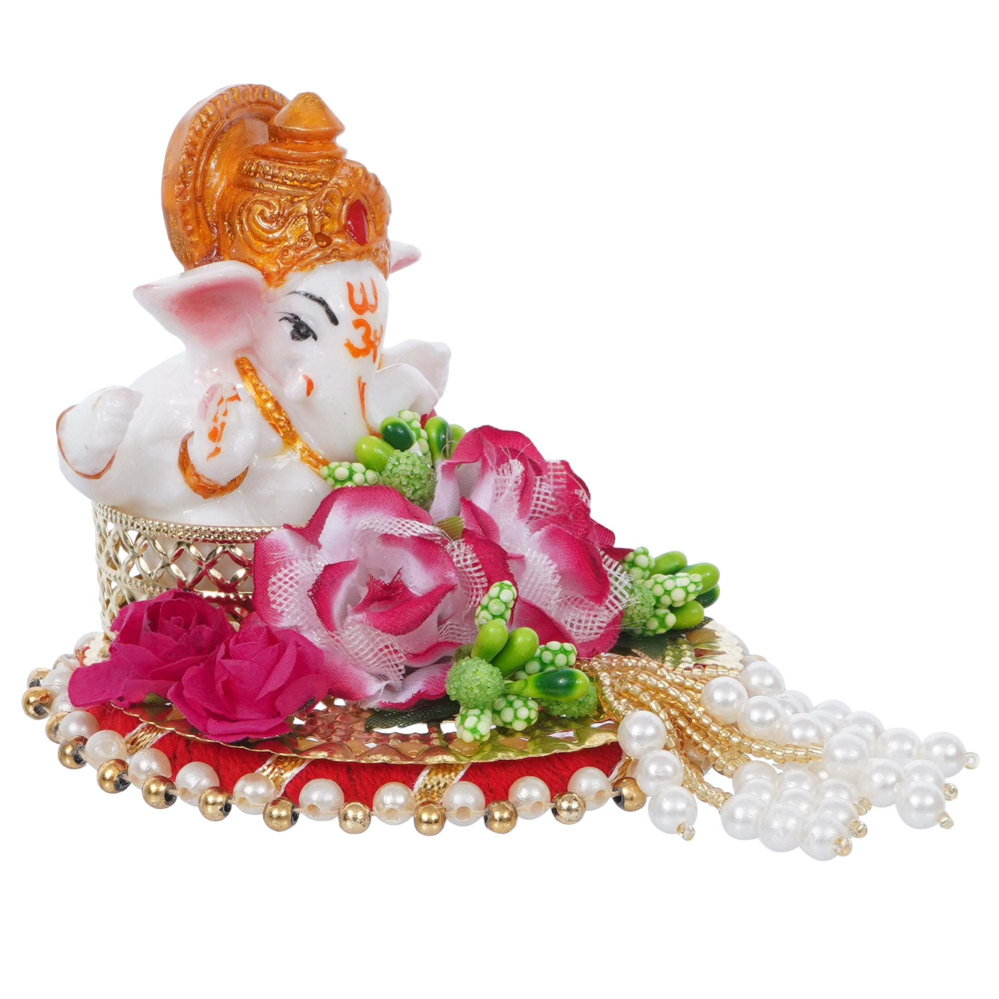Lord Ganesha Idol On Decorative Handcrafted Colorful Flowers Plate 2