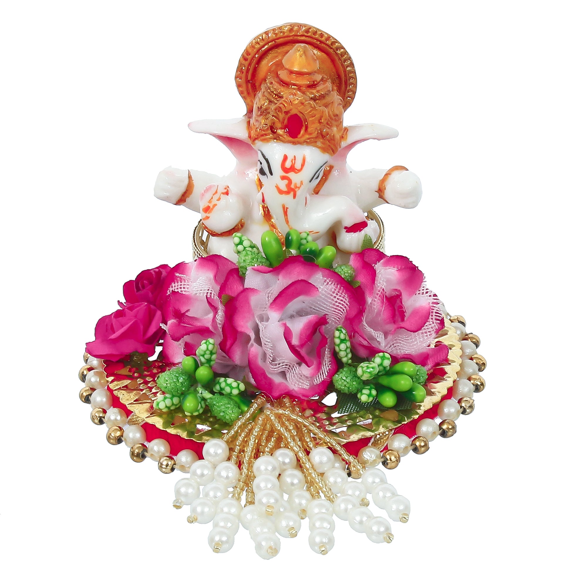 Lord Ganesha Idol On Decorative Handcrafted Colorful Flowers Plate 4