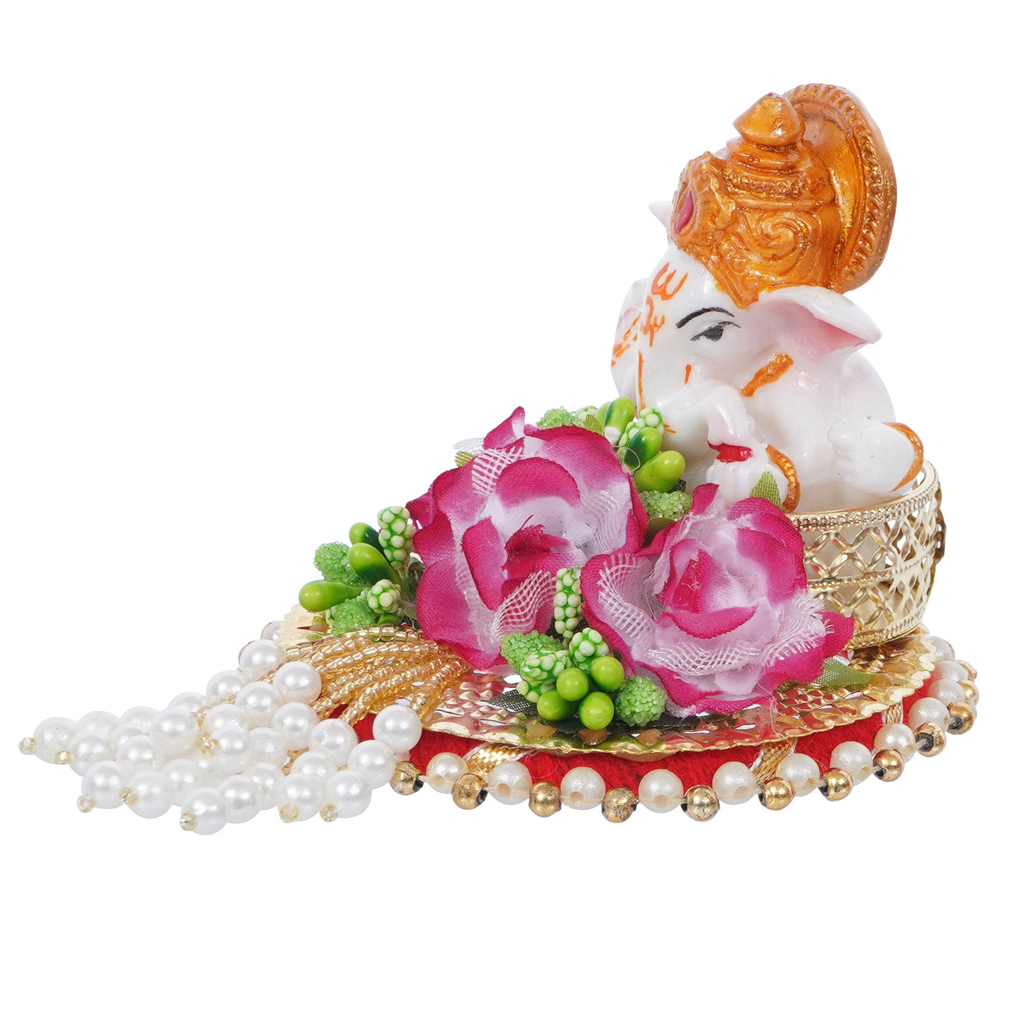 Lord Ganesha Idol On Decorative Handcrafted Colorful Flowers Plate 5