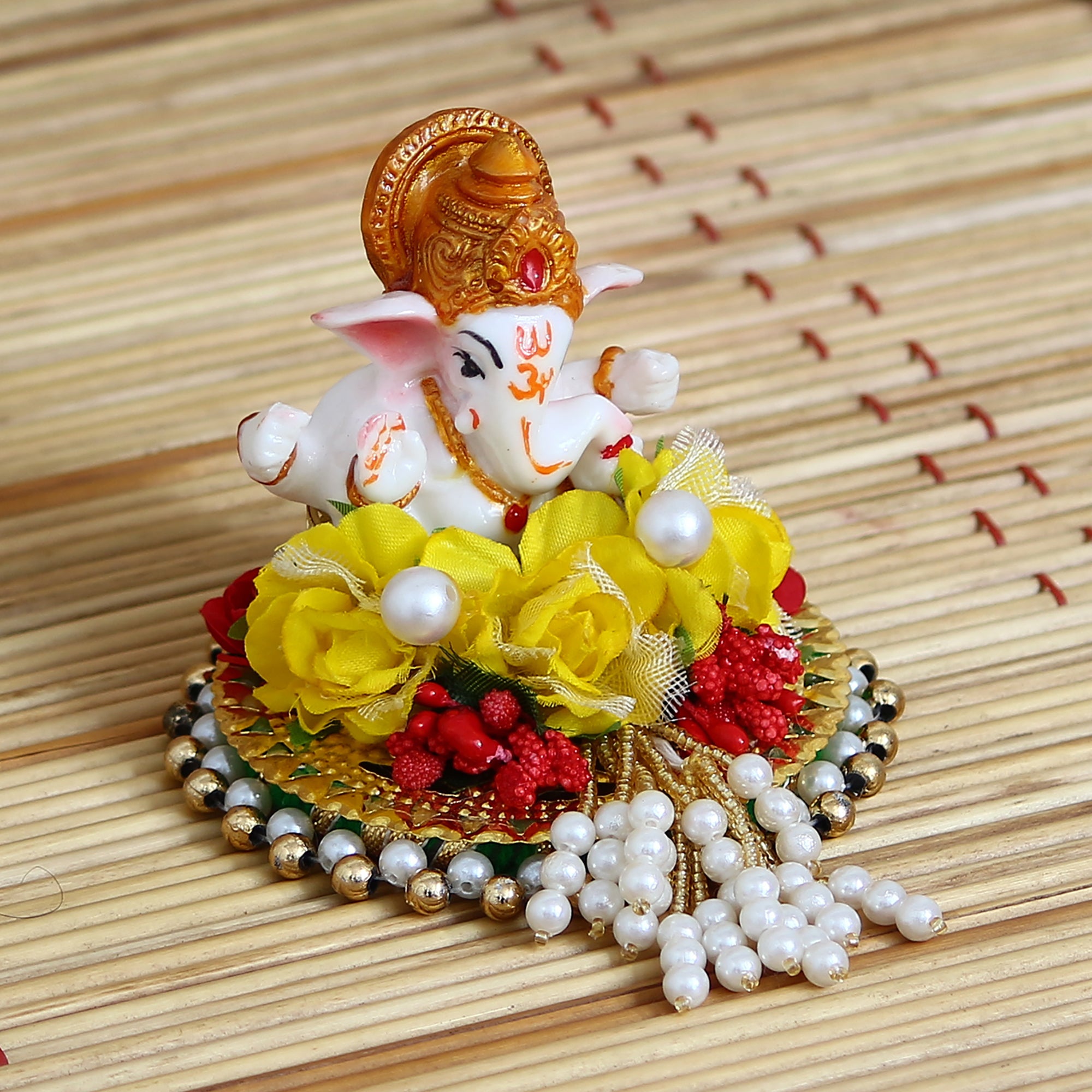 Lord Ganesha Idol on Decorative Handcrafted Plate with Colorful Flowers 1