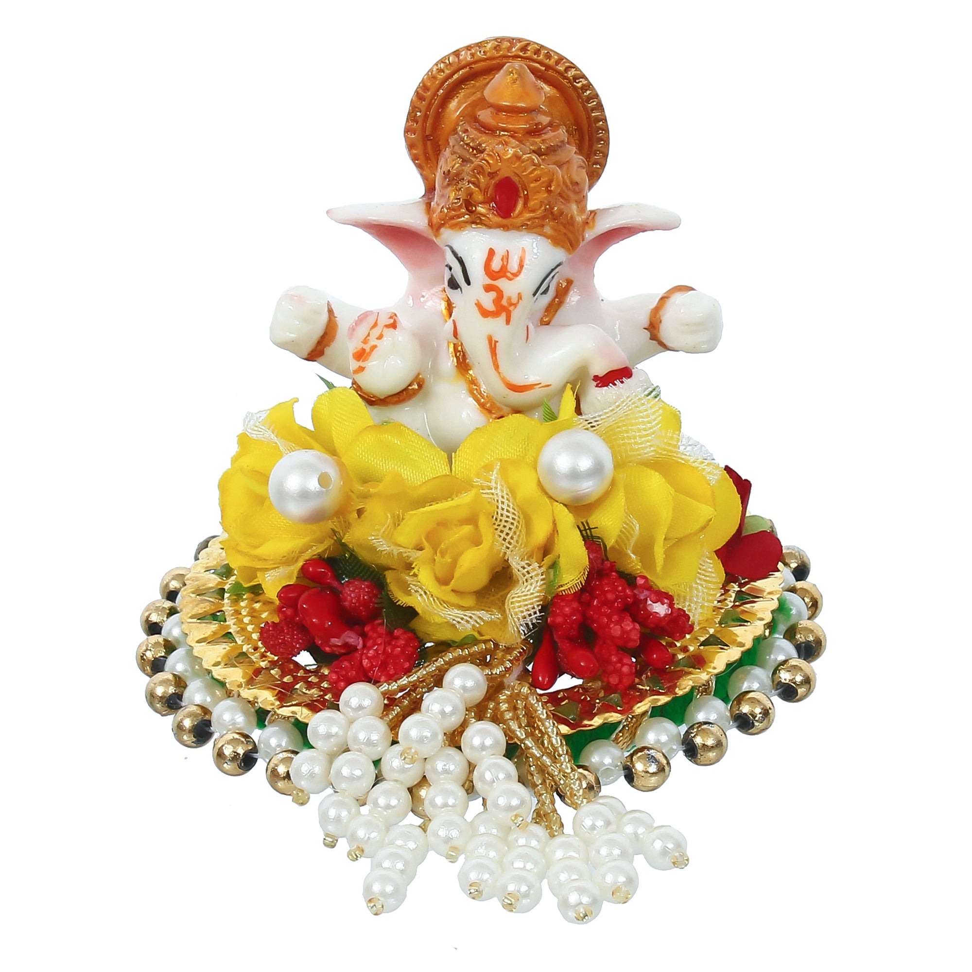 Lord Ganesha Idol on Decorative Handcrafted Plate with Colorful Flowers 4