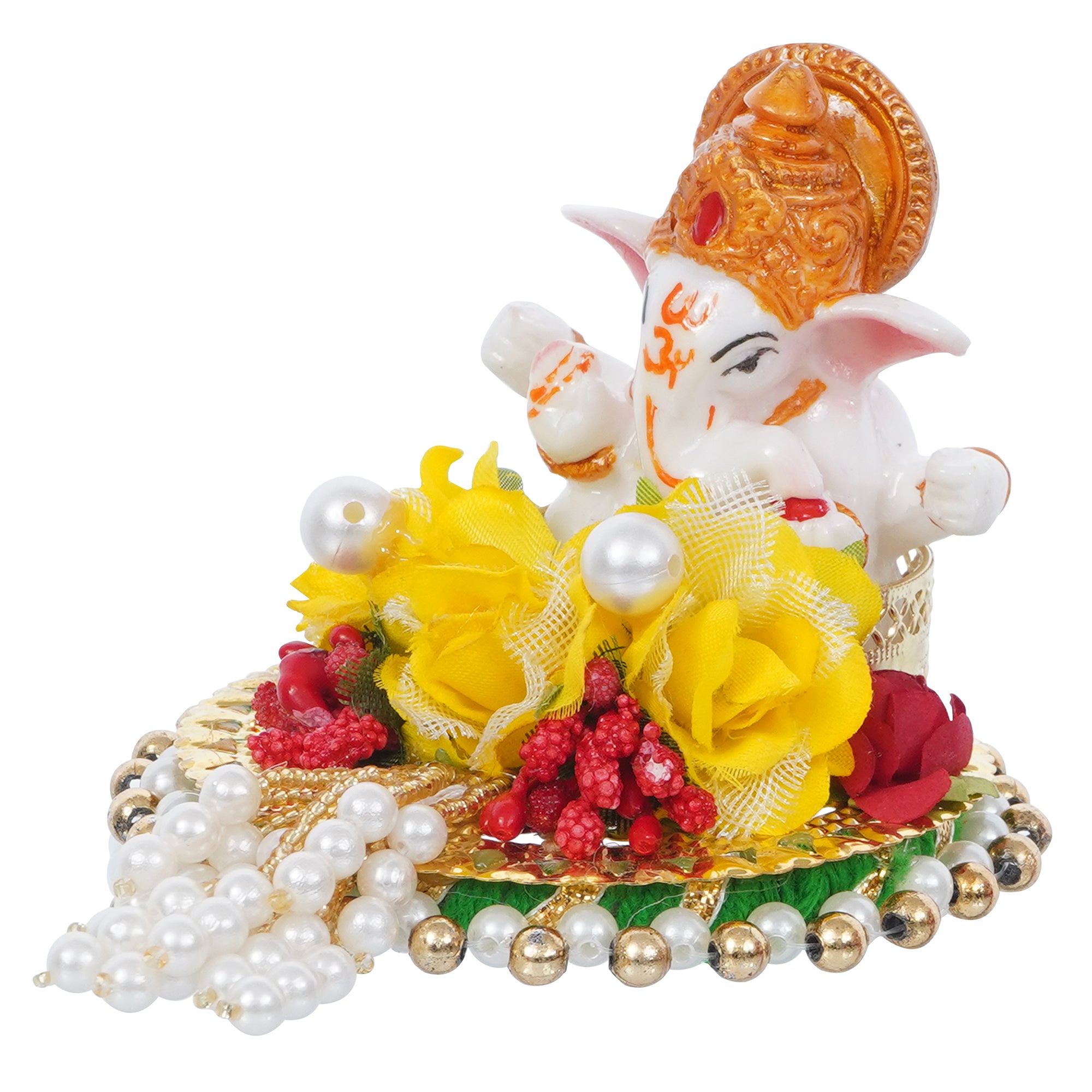 Lord Ganesha Idol on Decorative Handcrafted Plate with Colorful Flowers 5
