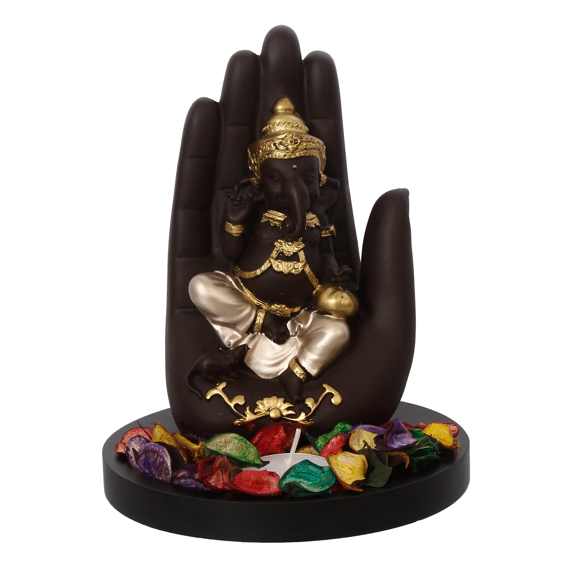 Golden and Black Handcrafted Palm Ganesha Idol on Wooden Base with Fragranced Petals Tealight Candle Holder 2